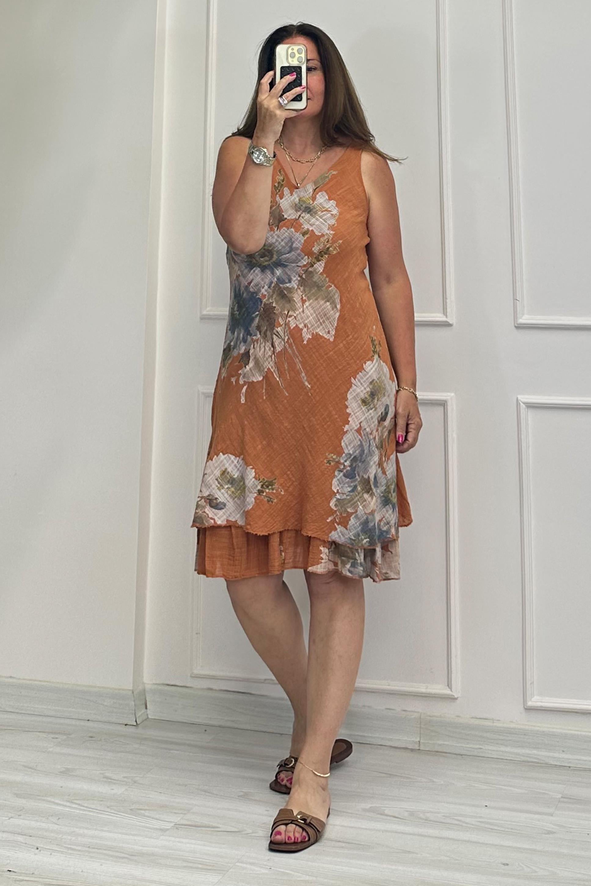 Sisley Askılı Çiçekli Elbise Kahve