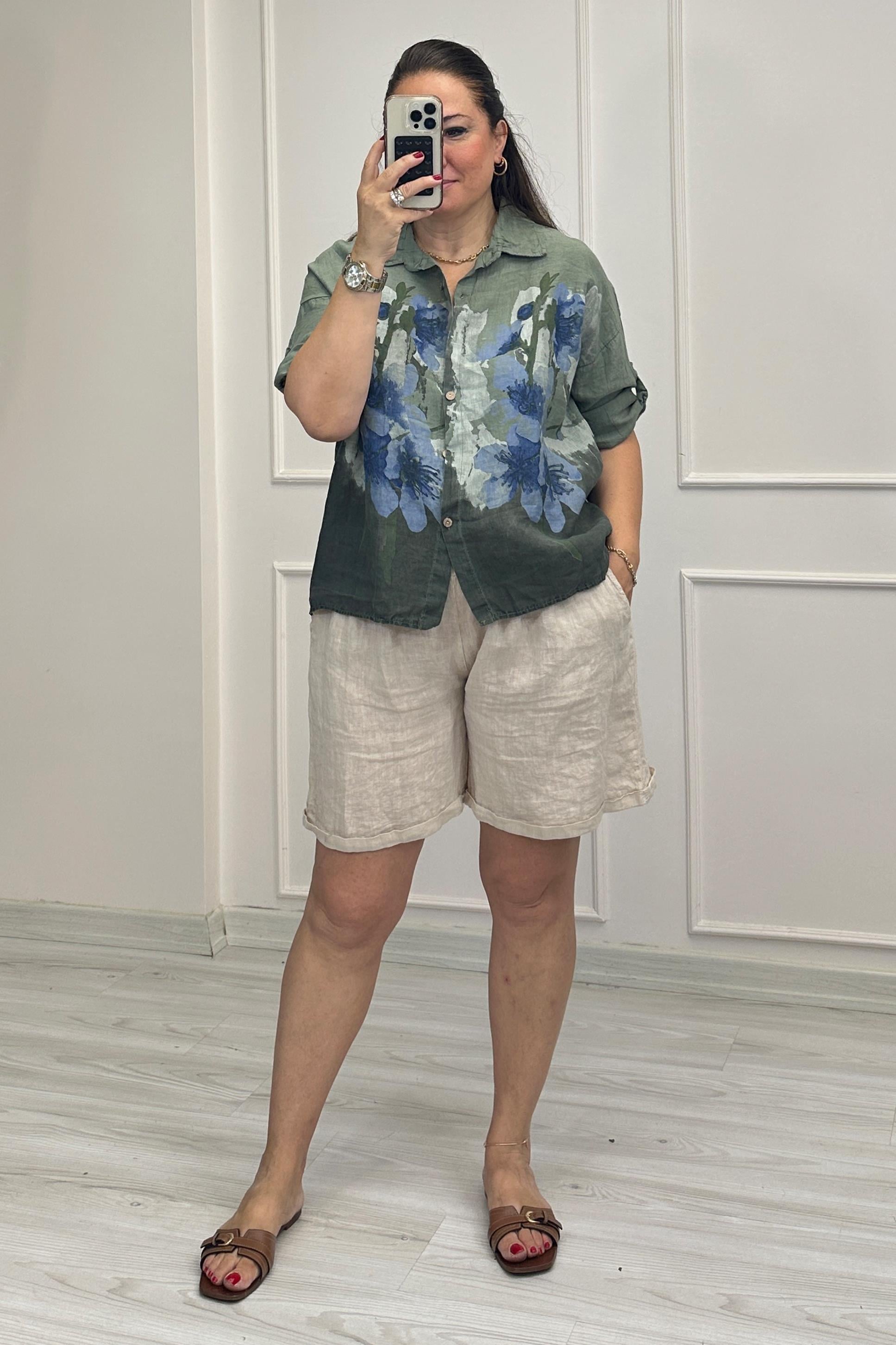 Elvira Çiçek Desenli Keten Gömlek Haki