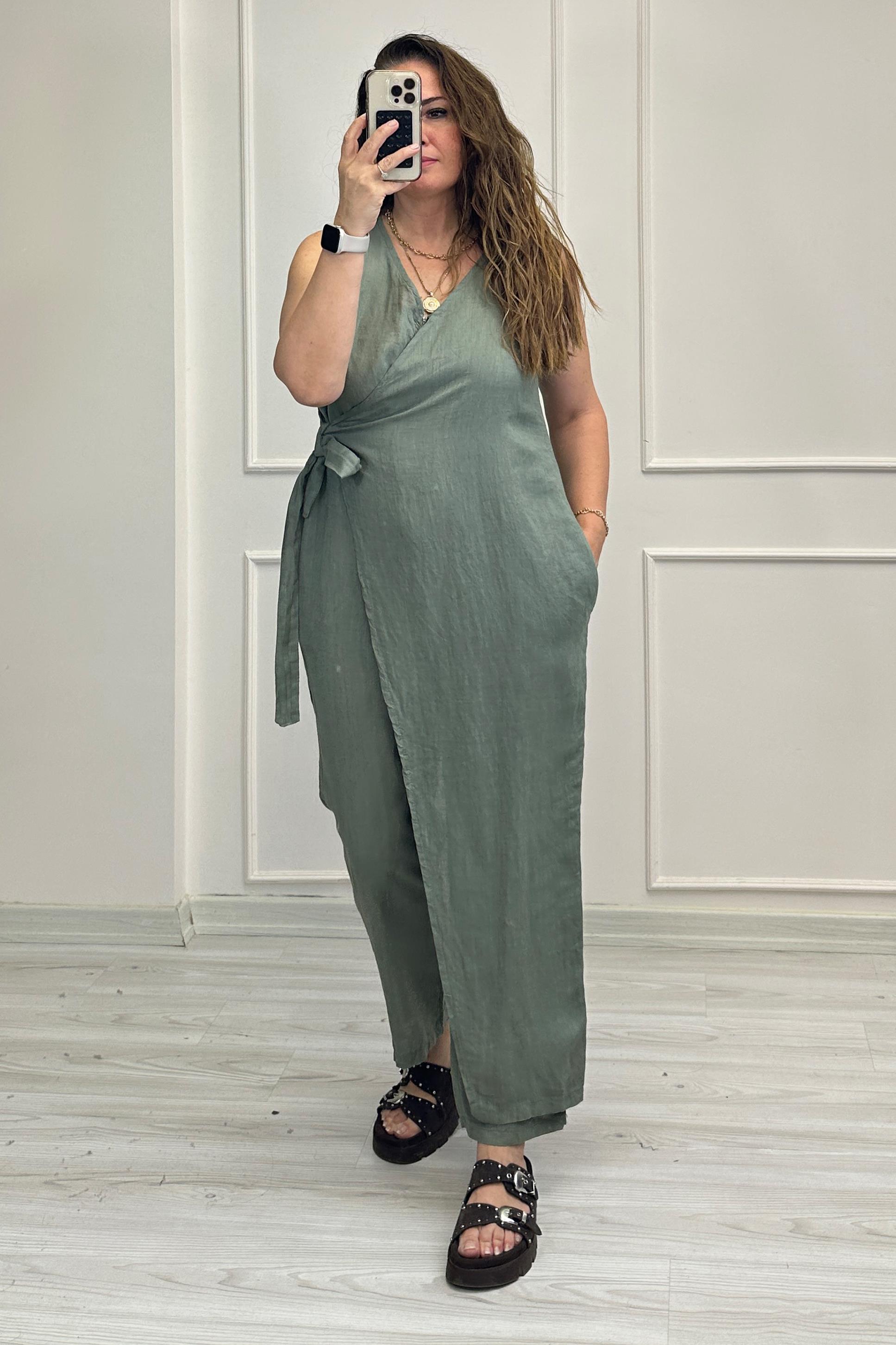 Jennifer Ön Bağlamalı Keten Tulum Haki
