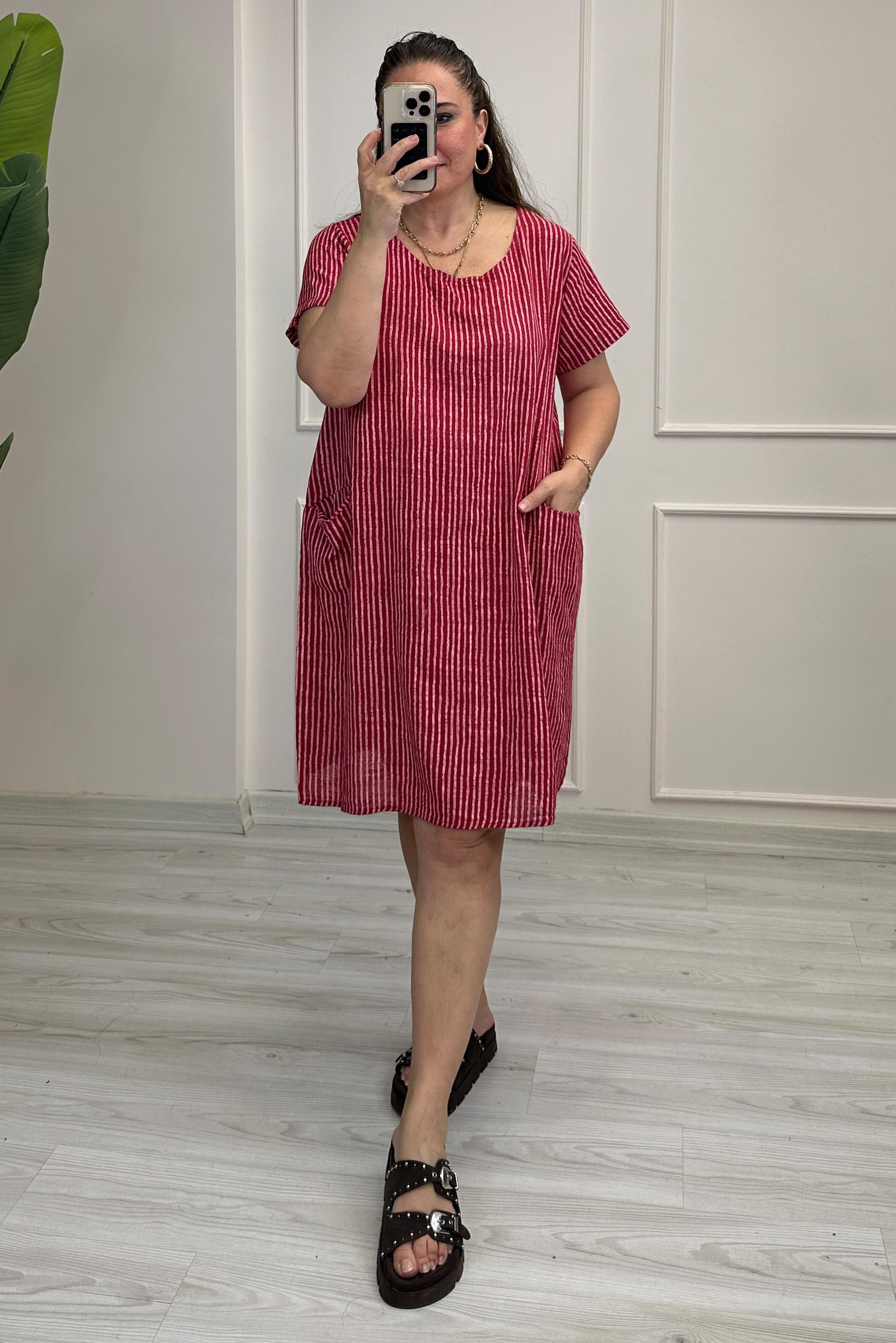 Rebekka Çizgili Keten Elbise Kırmızı