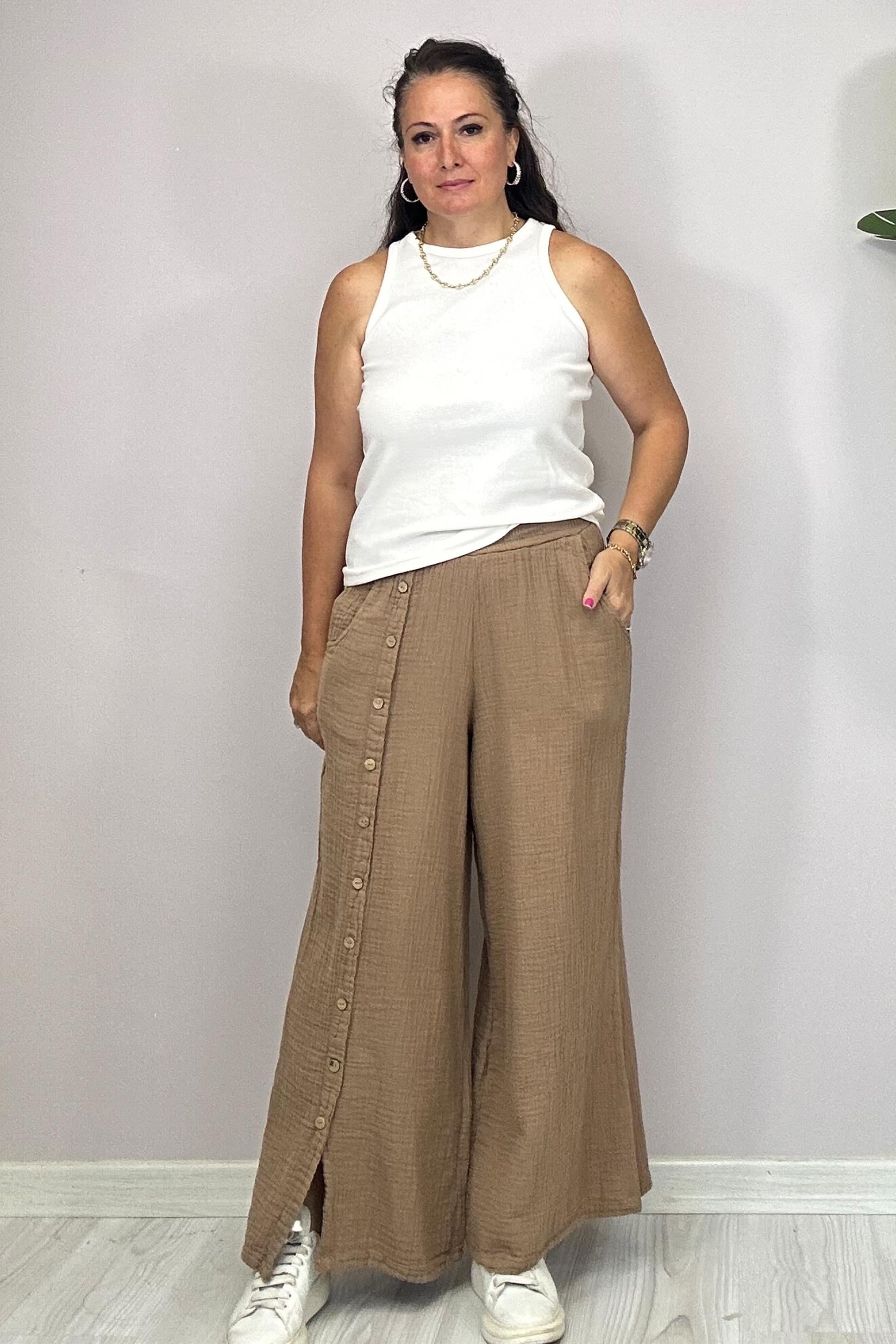Mirana Düğme Detaylı Müslin Pantolon Kahve