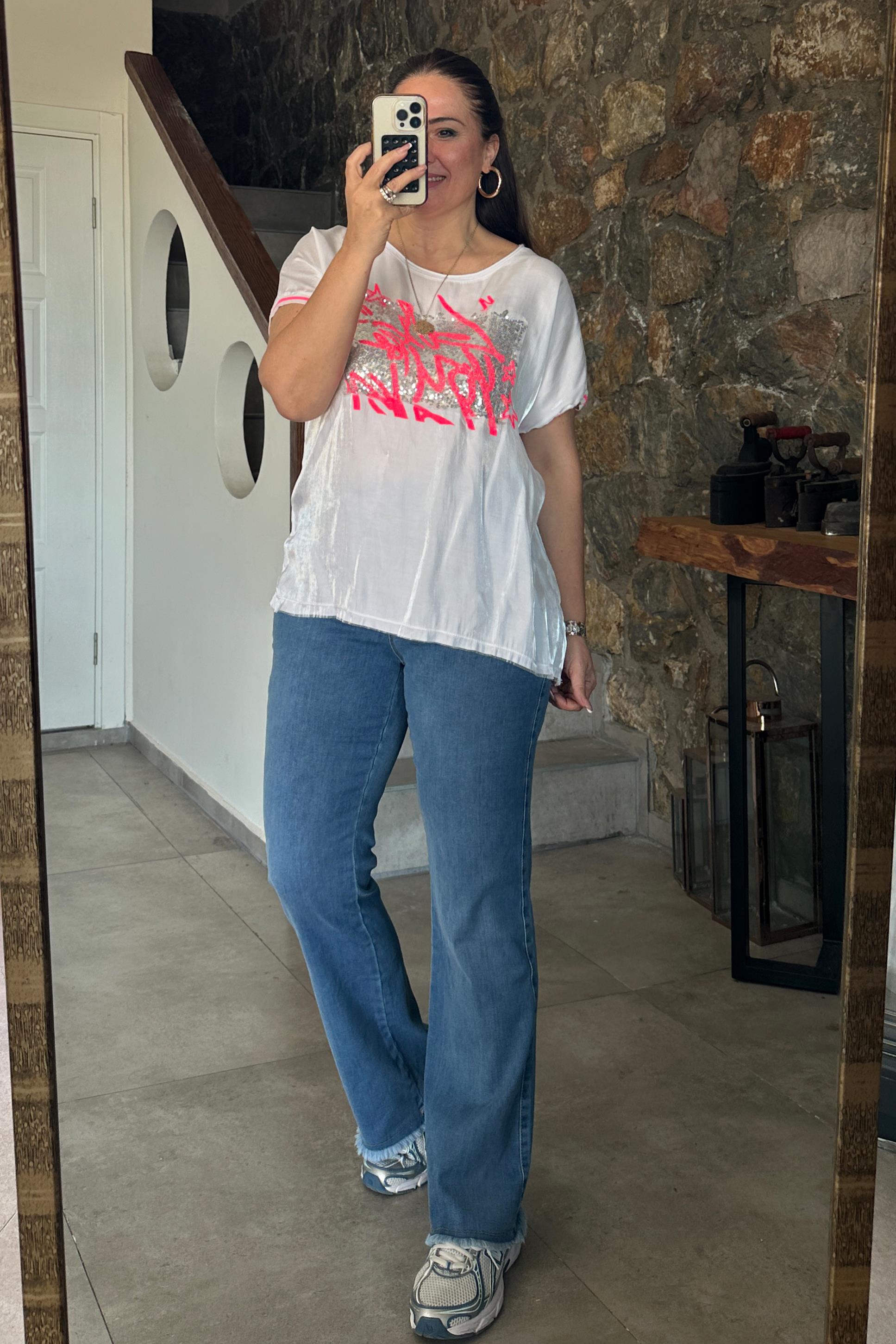 Pink Payetli Bluz Beyaz