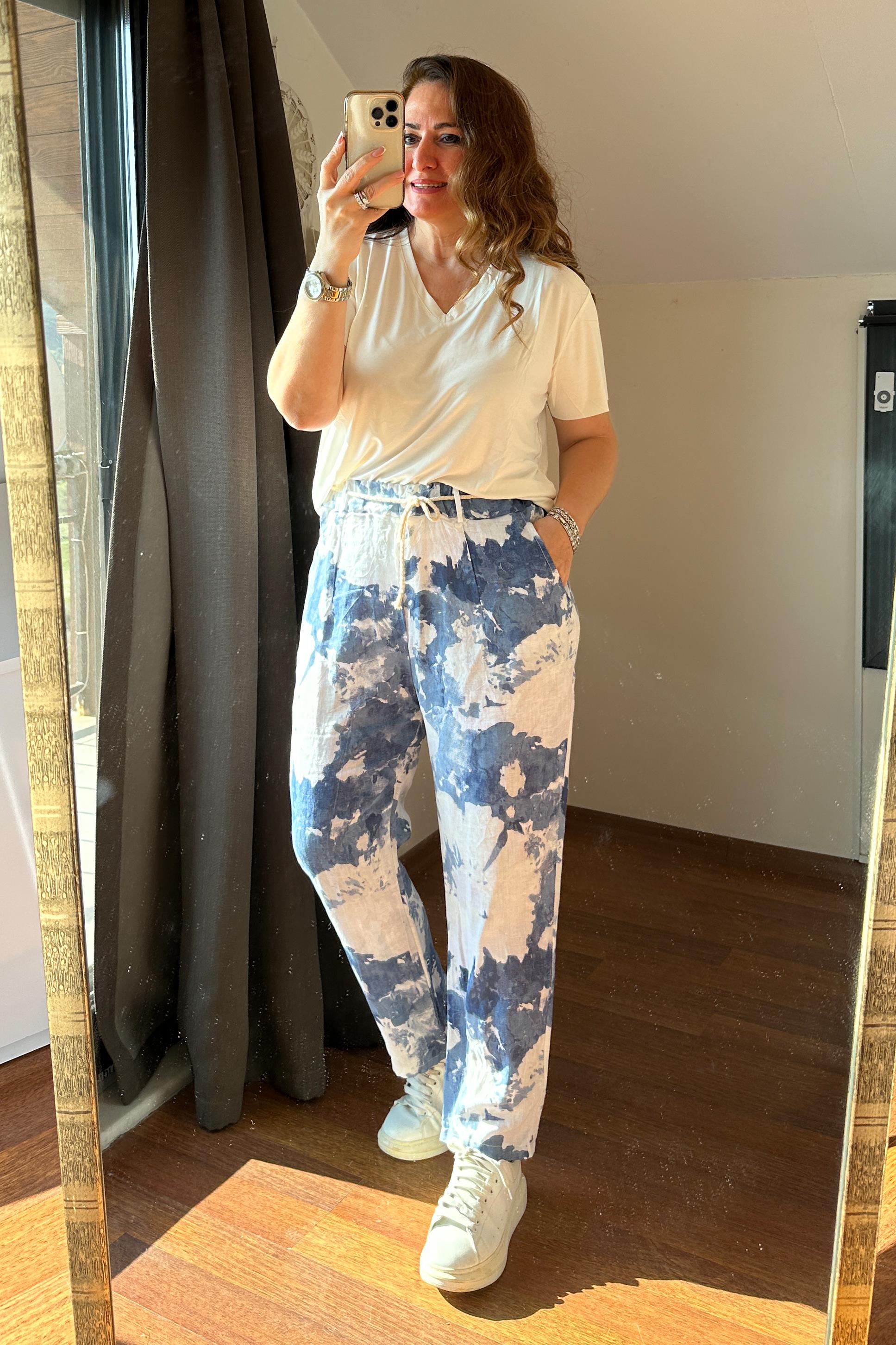 İthal Batik Desen Keten Pantolon Beyaz
