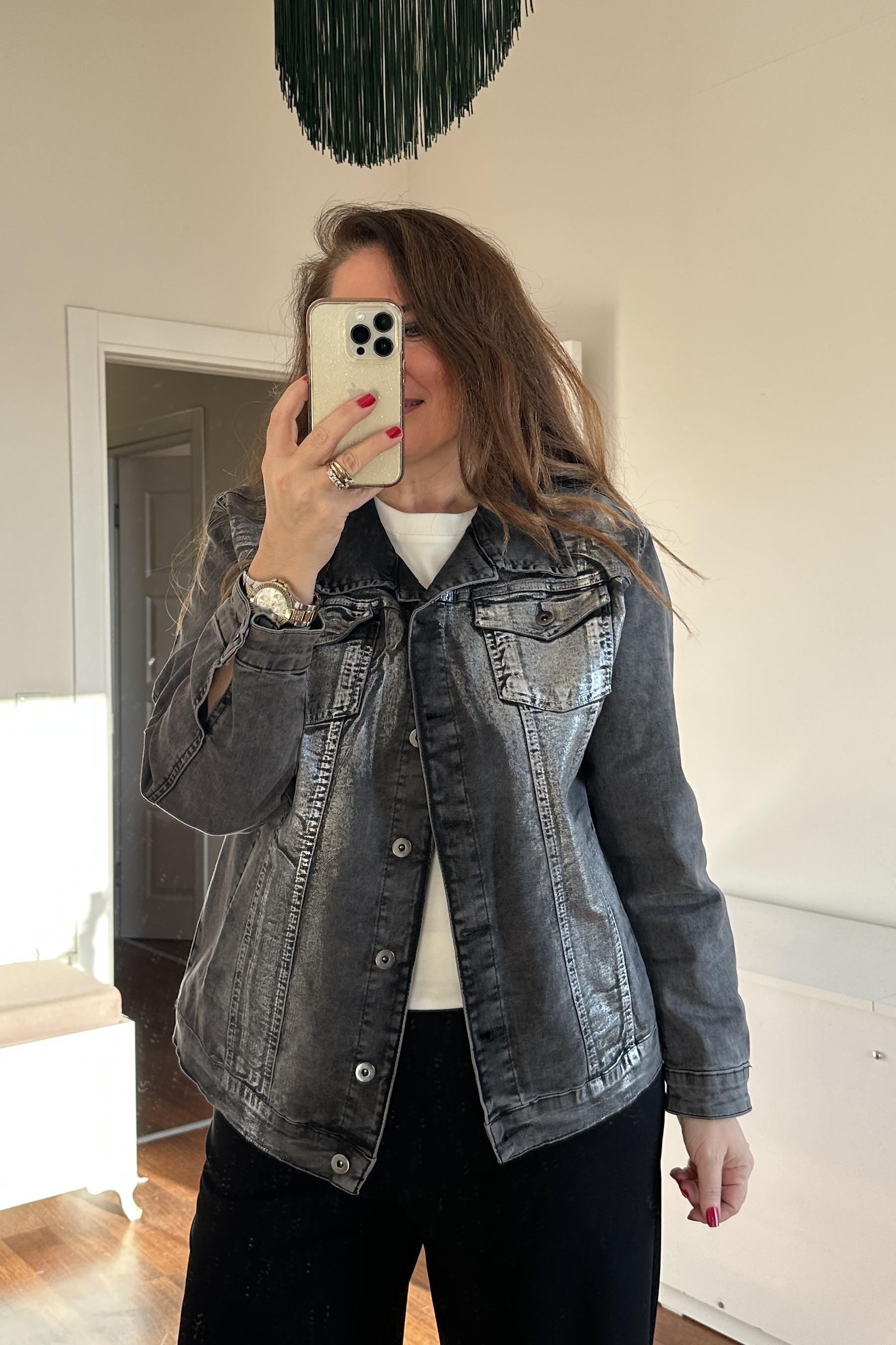 Varak Sıvama Detaylı Likralı Kot Ceket Gri