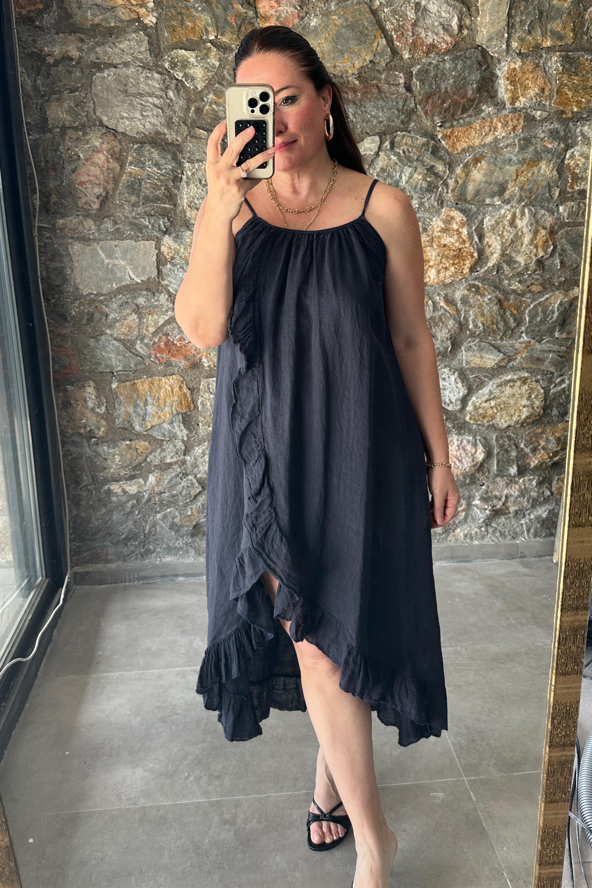Maria Keten Askılı Fırfırlı Elbise Lacivert