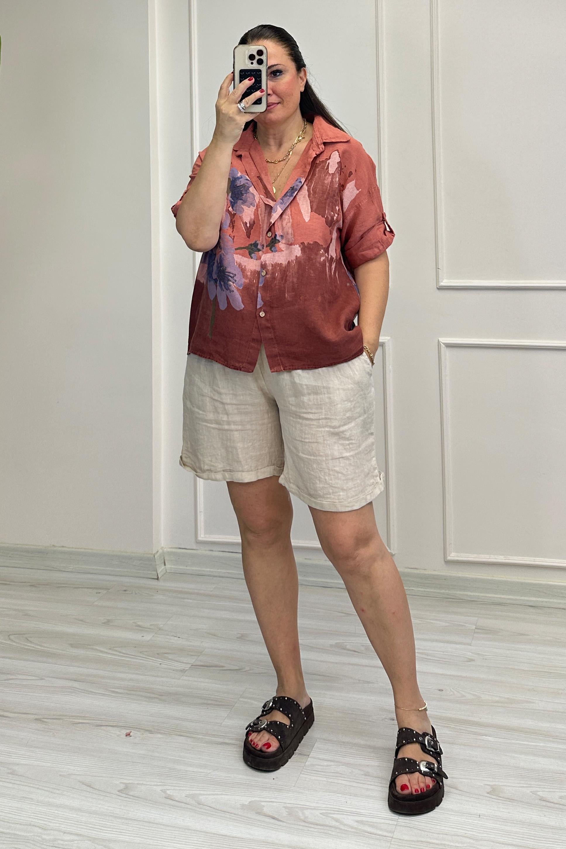 Elvira Çiçek Desenli Keten Gömlek Tarçın