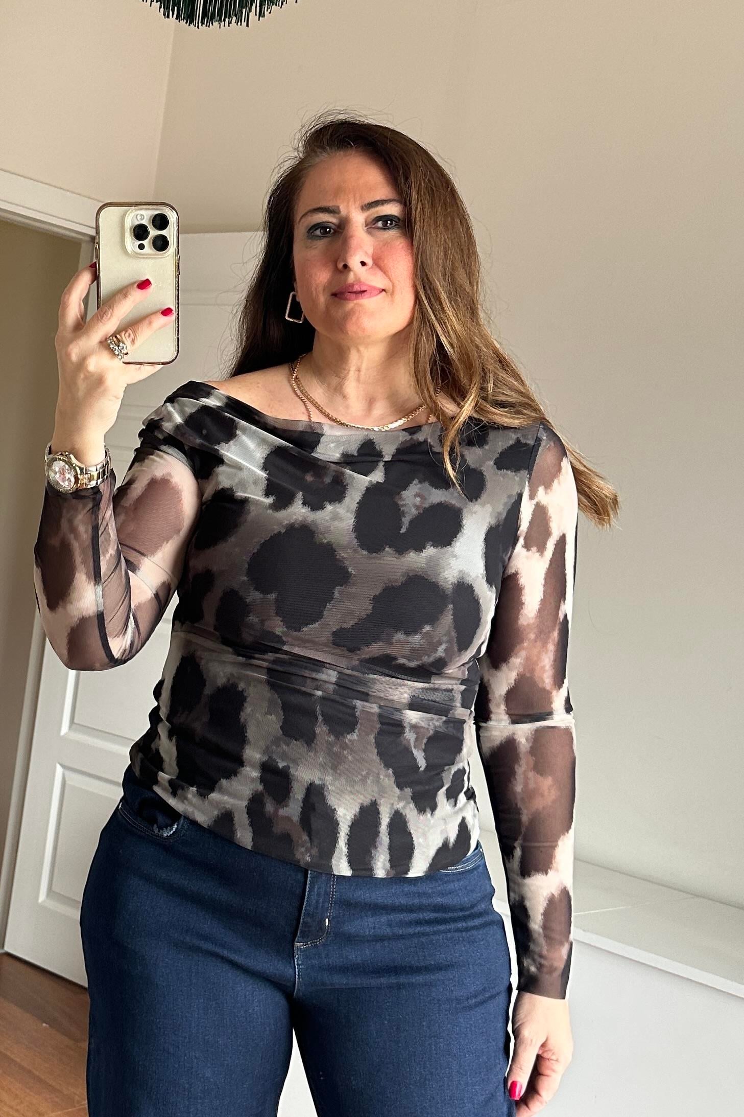Tül Leopar Bluz Kahverengi