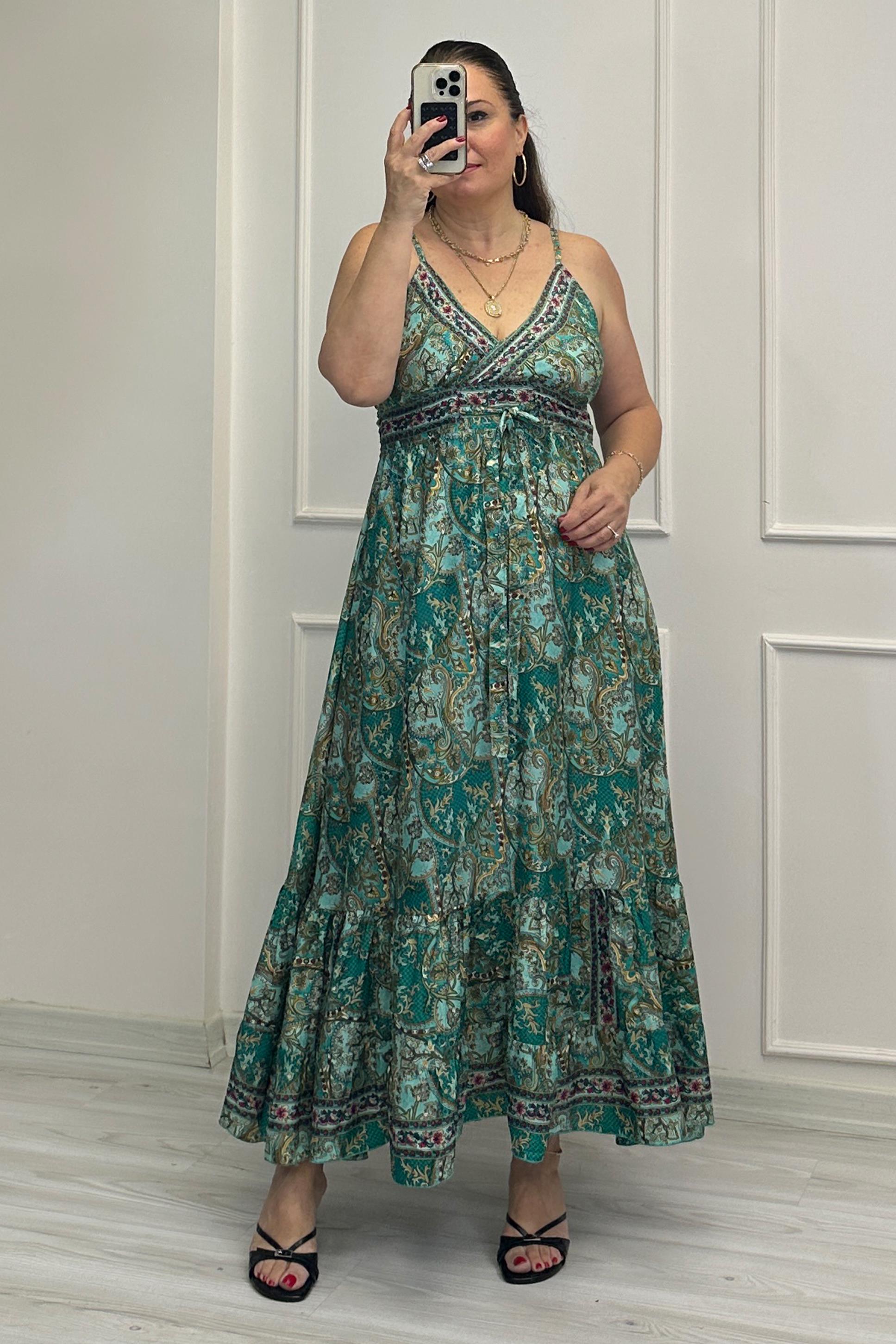 Estella Desenli Elbise Su Yeşili