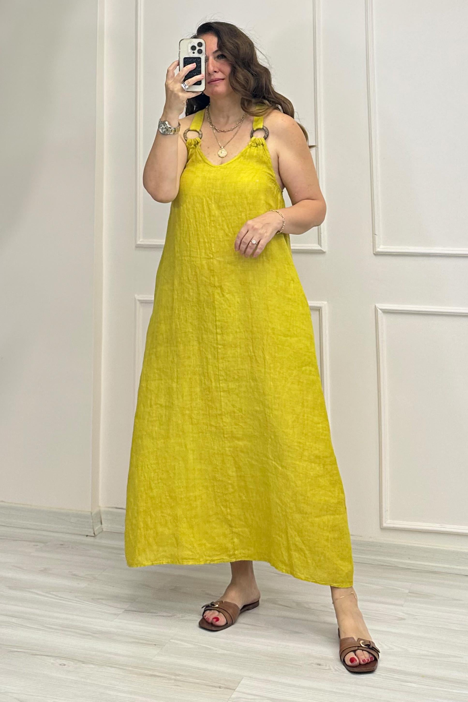 Beatrice Ahşap Detaylı Elbise Hardal Sarı