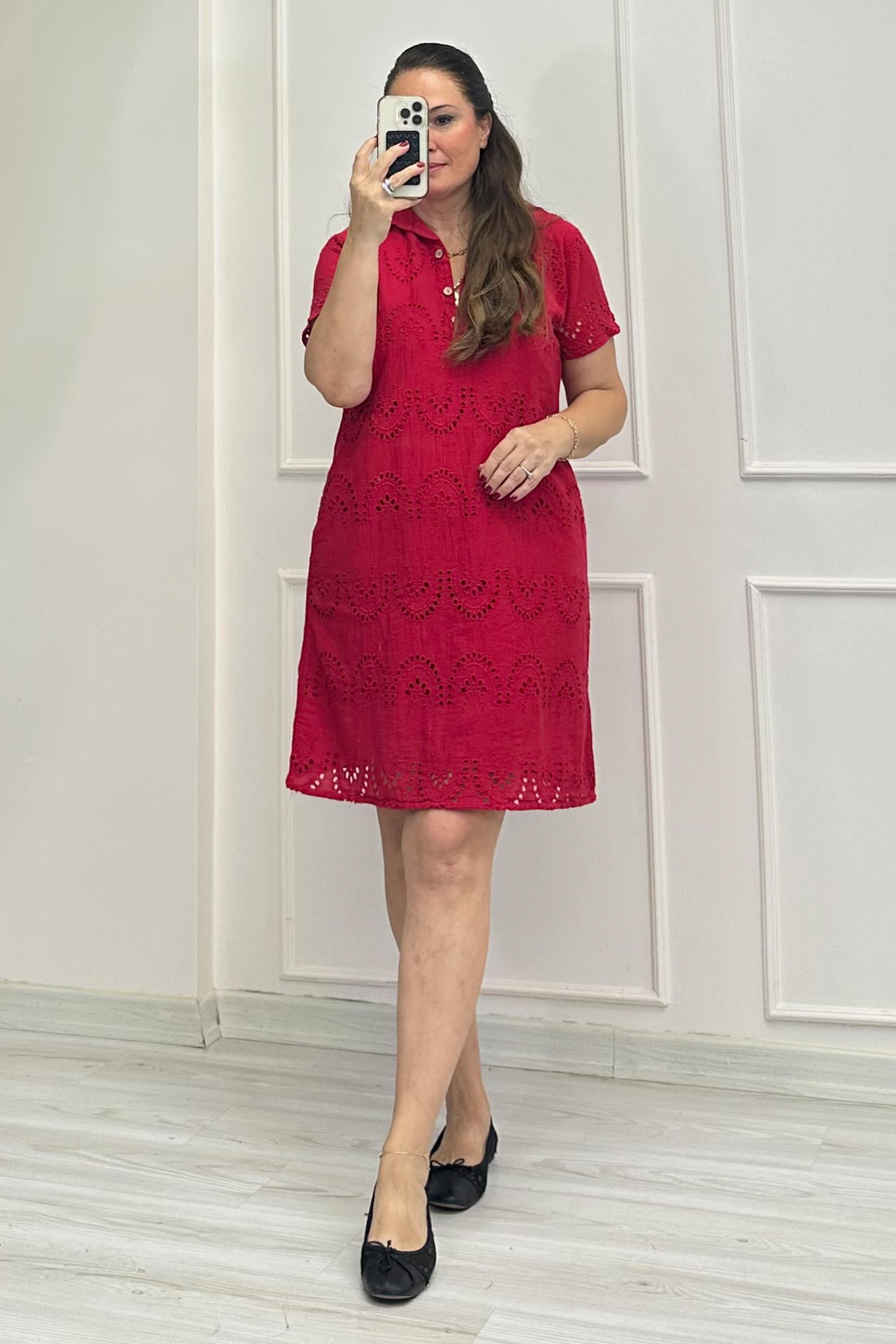 Alina Yakalı Fistolu Elbise Nar Çiçeği