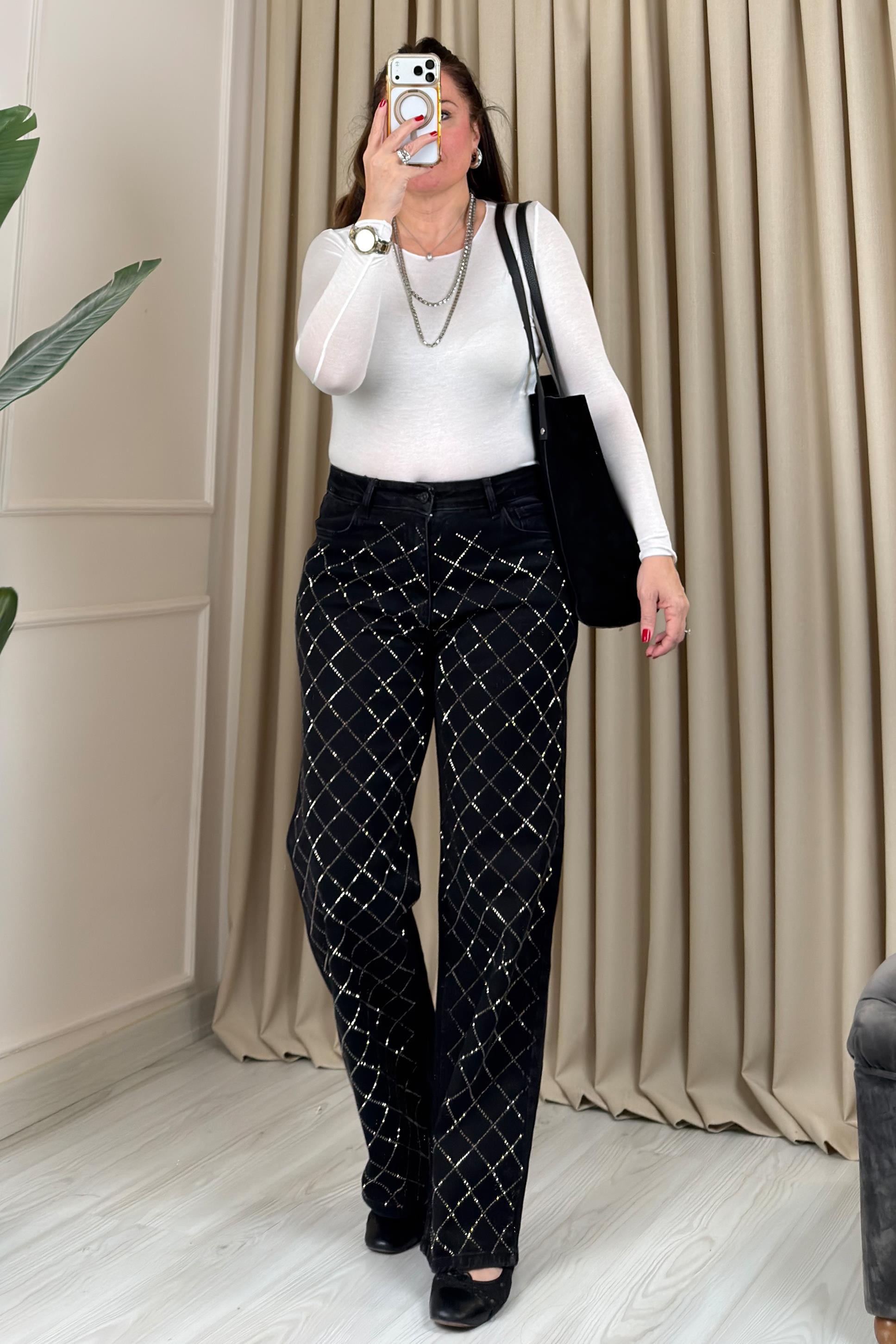 Lumina Çapraz Taş Detaylı Kot Pantolon Siyah