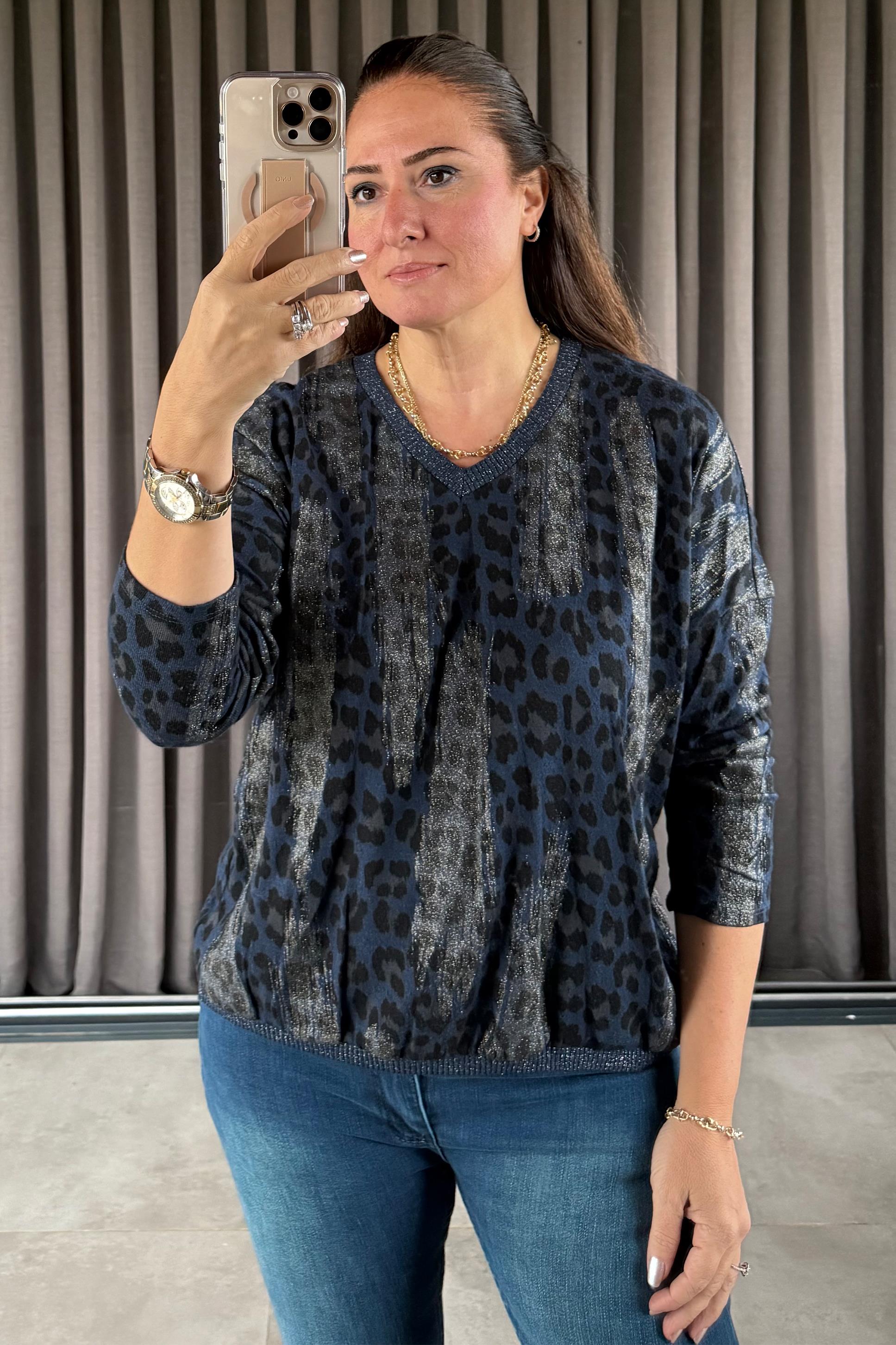 Fiera Leopar Desenli Triko Bluz Lacivert