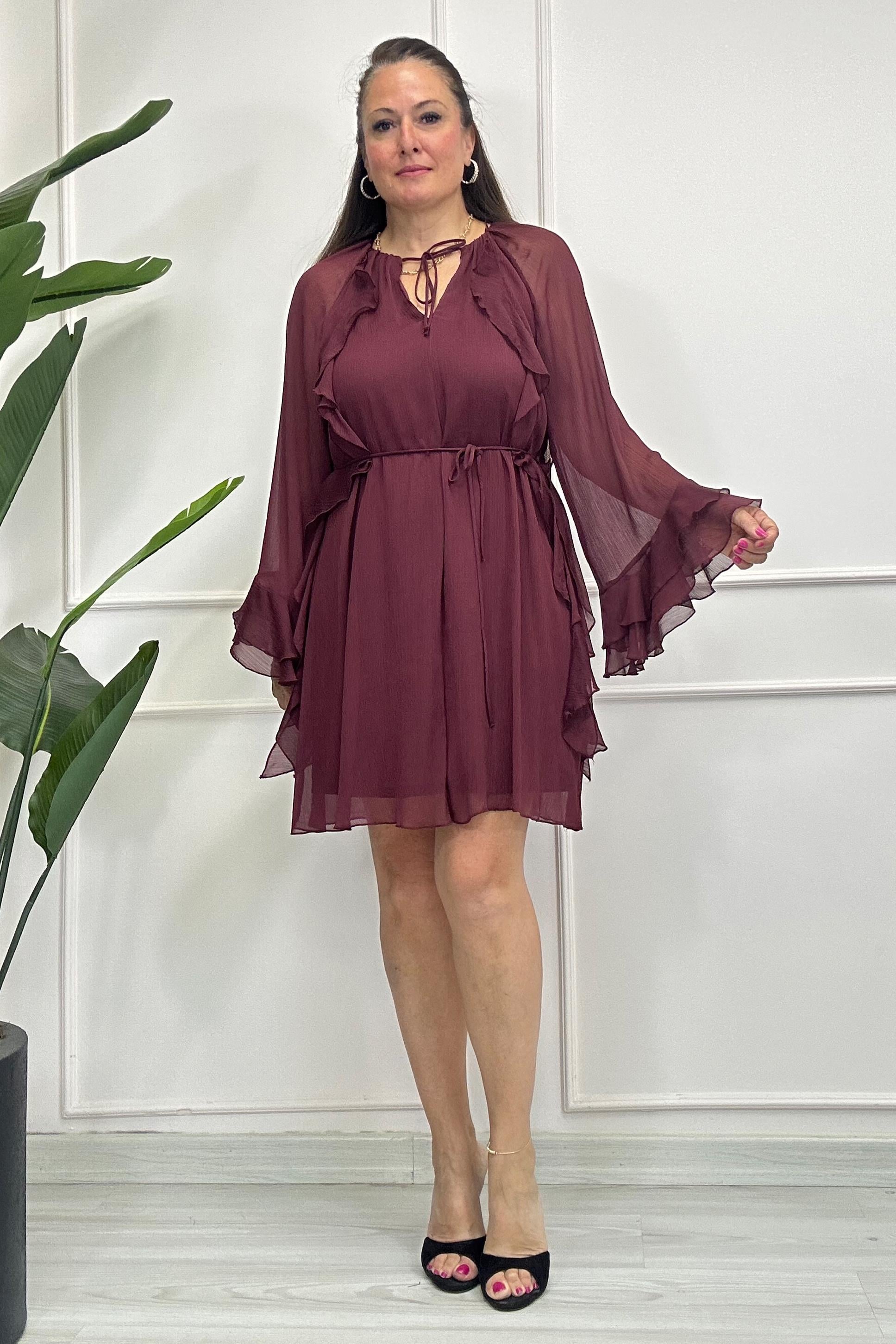 Amore Fırfırlı Elbise Bordo
