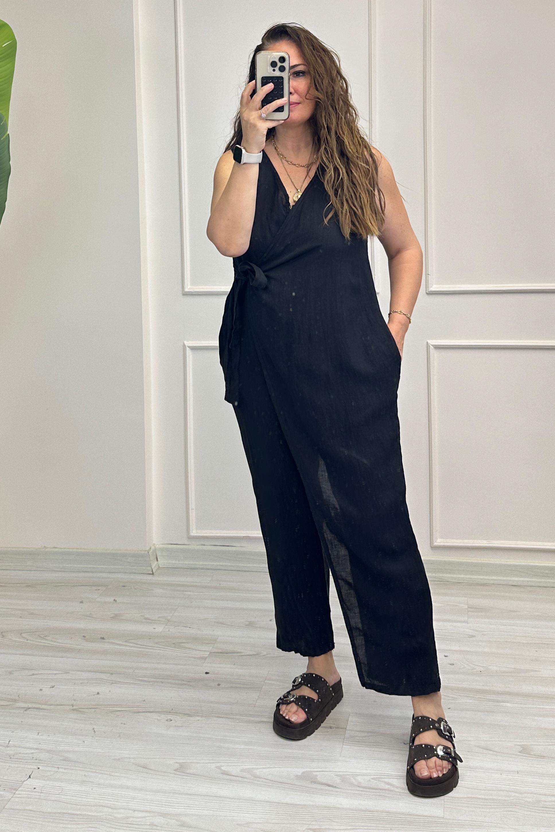 Jennifer Ön Bağlamalı Keten Tulum Siyah