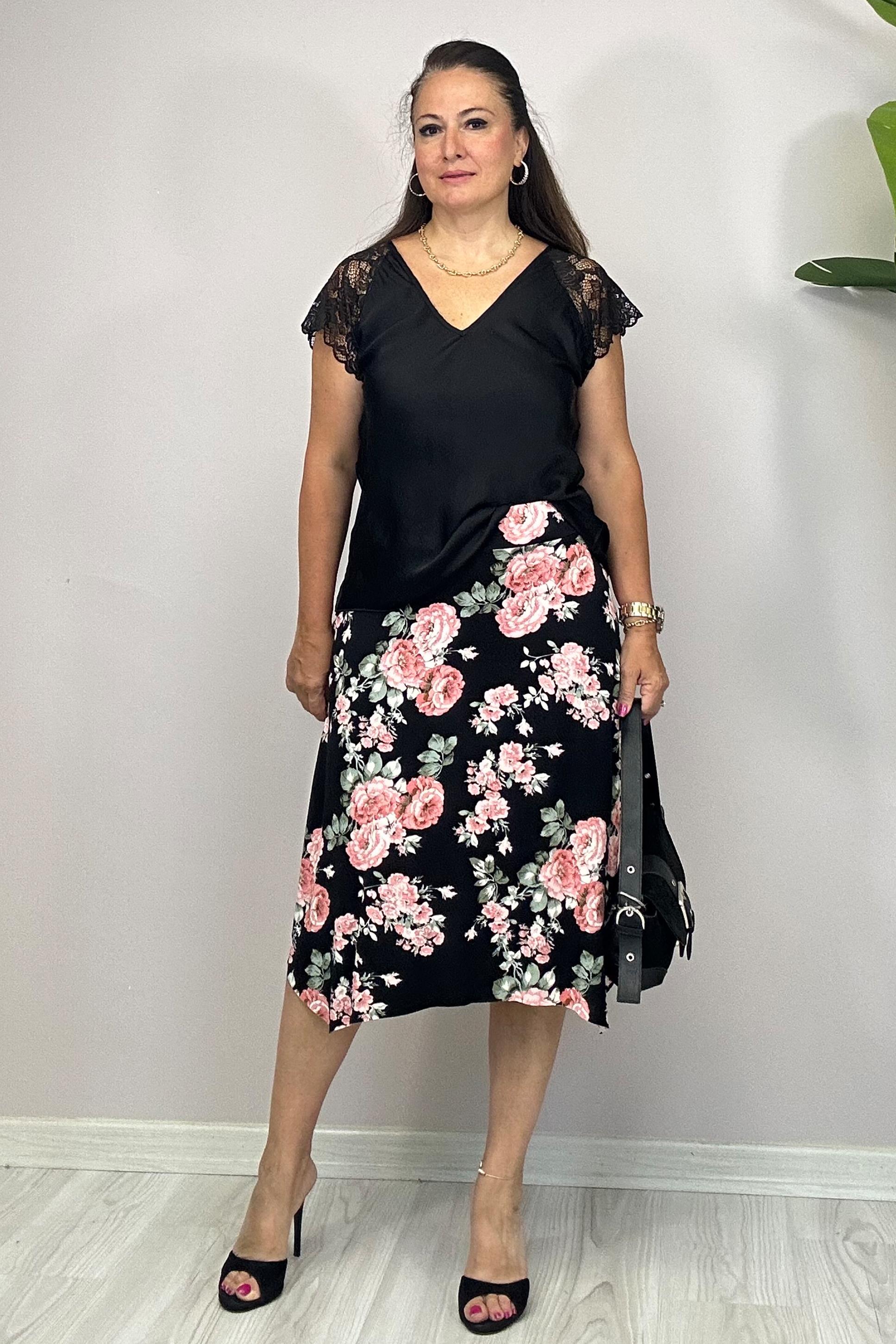 Ziva Pembe Çiçekli Etek Siyah