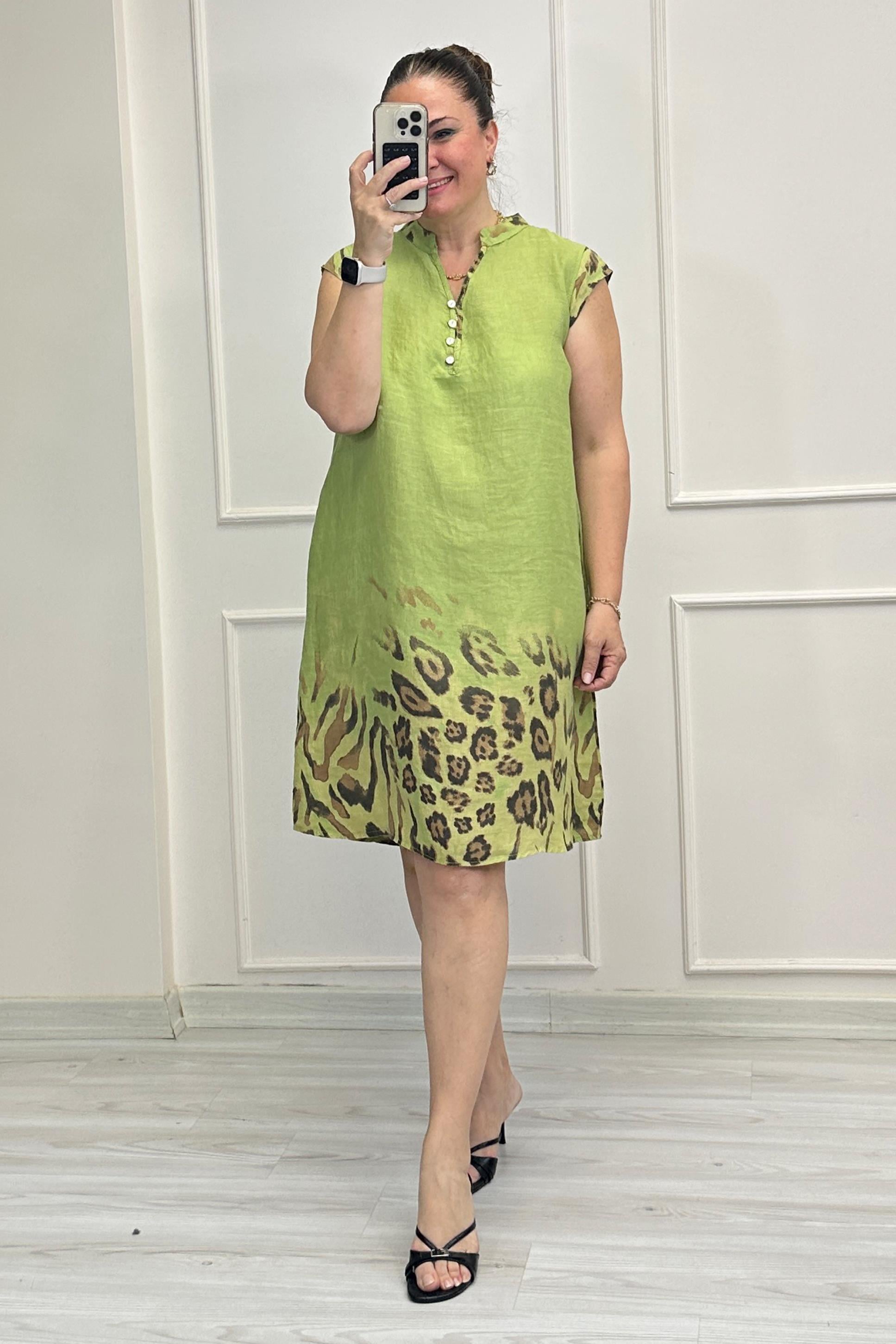 Julie Desenli Keten Elbise Fıstık Yeşili