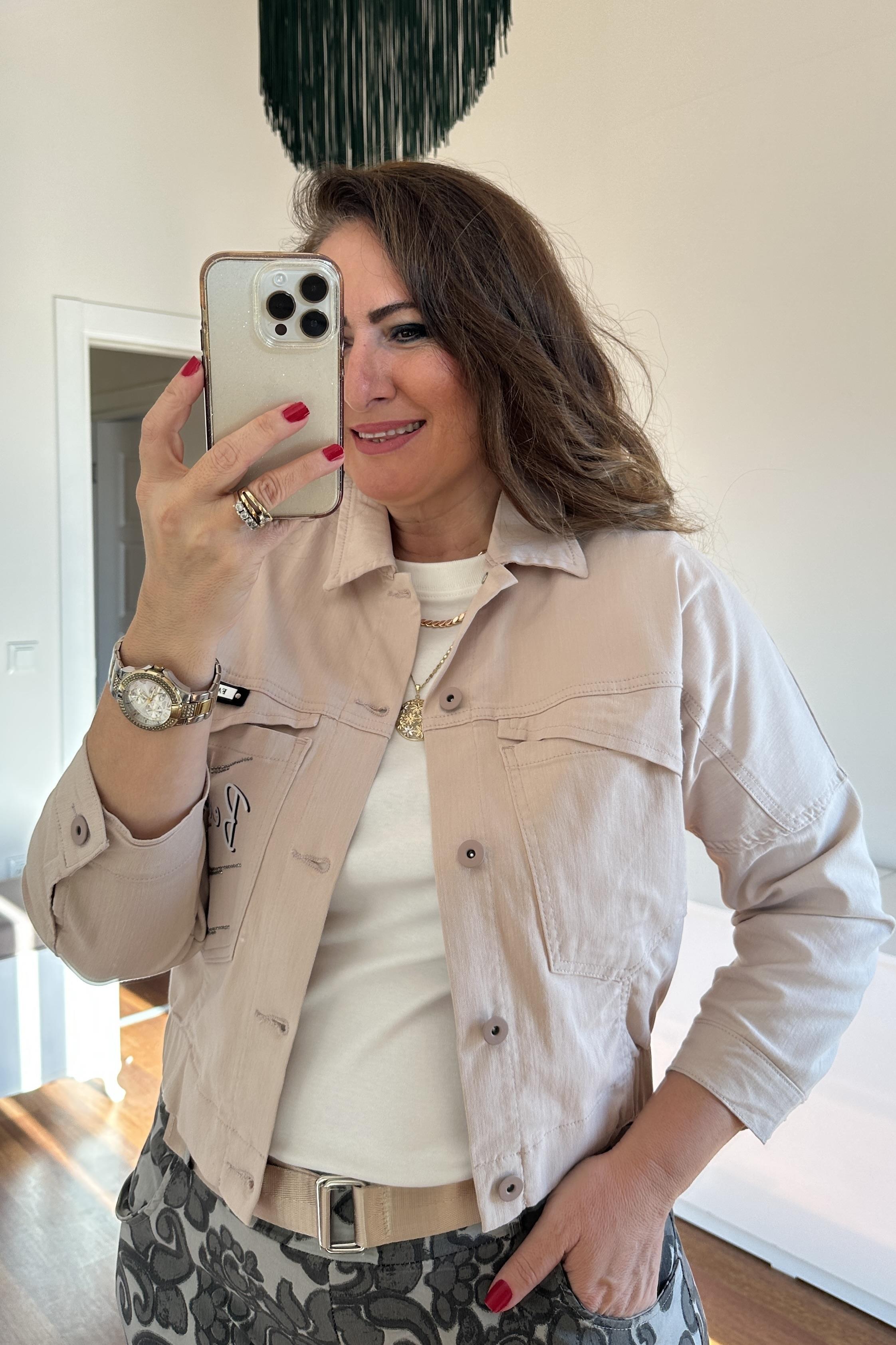 Taşlı Bomber Ceket Krem