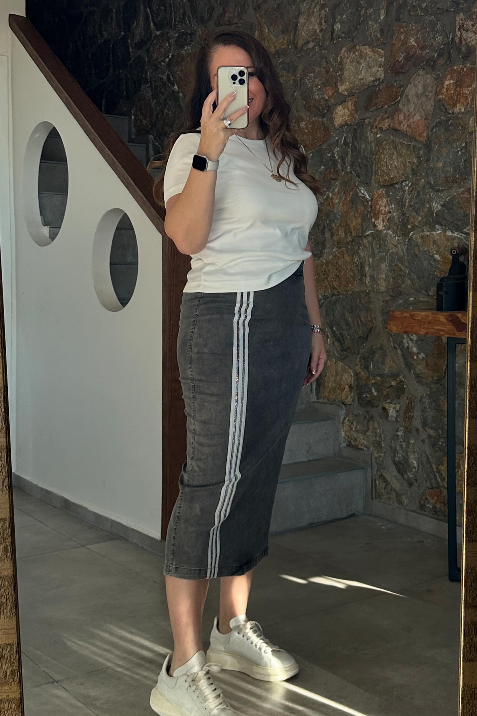 Şeritli Kot Etek GRİ