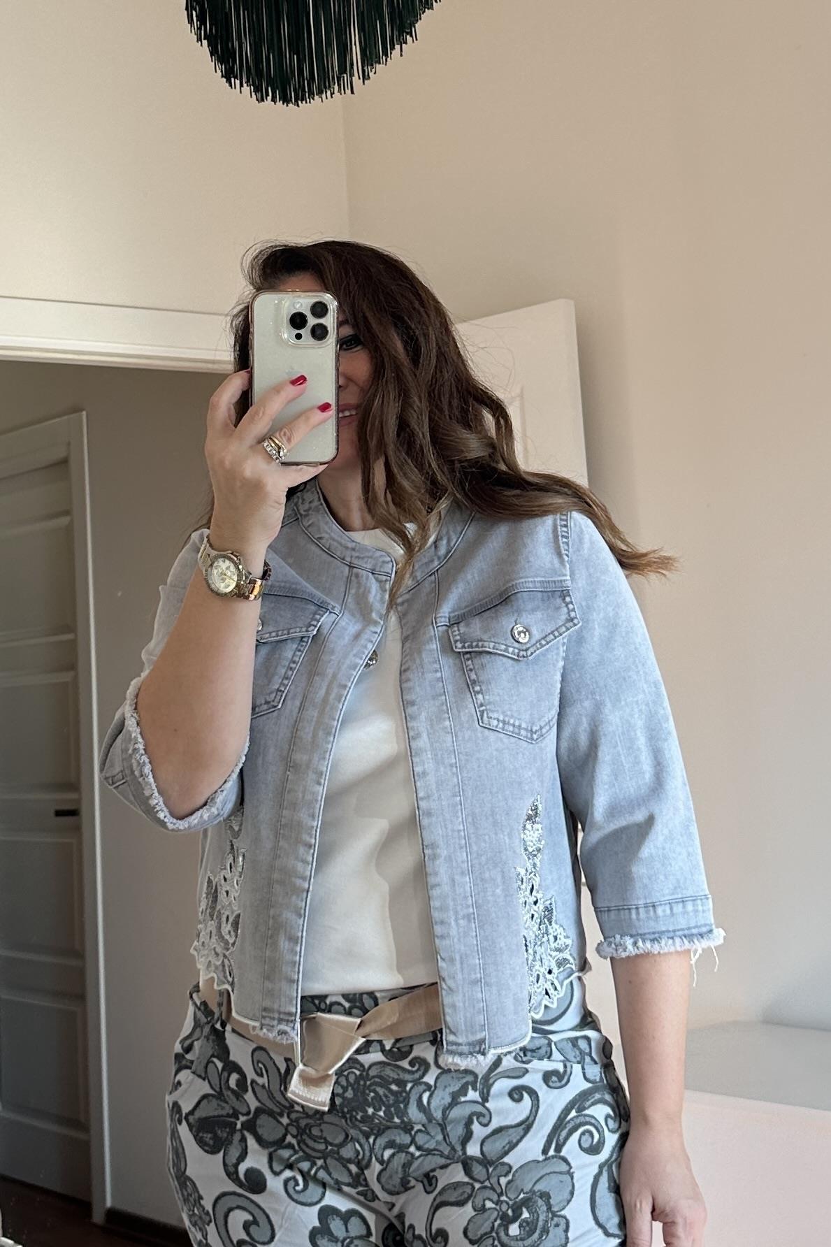 Nakışlı Kot Ceket Gri