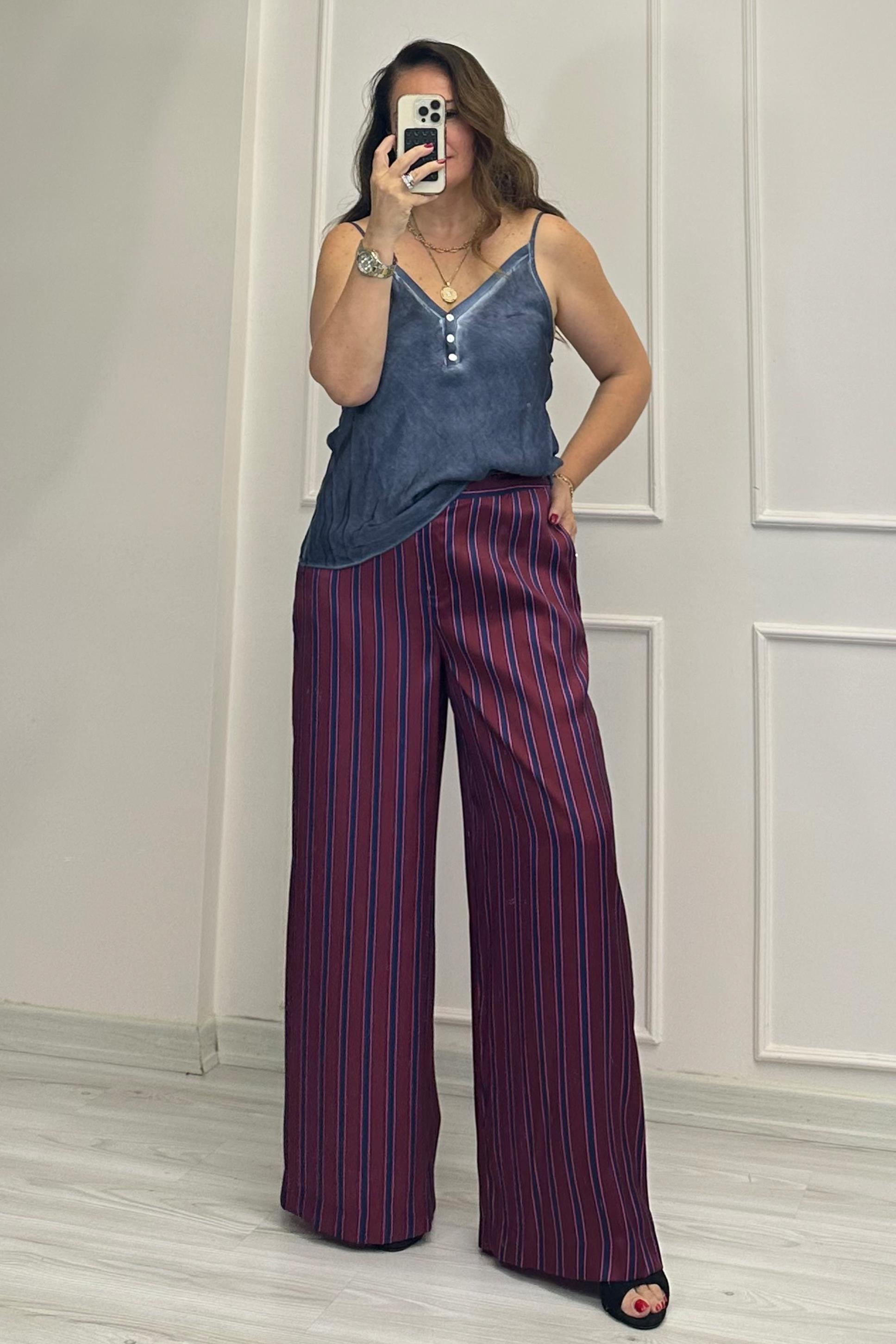 Monica Çizgili Saten Pantolon Bordo
