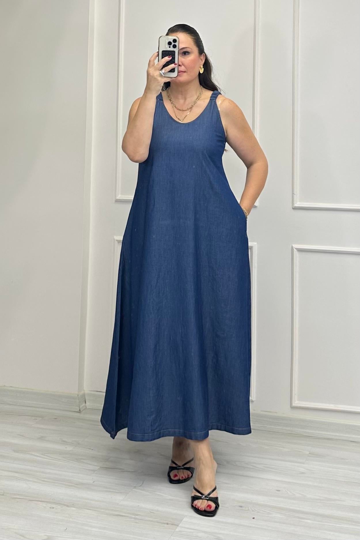 Olga Kalın Askılı Elbise Lacivert