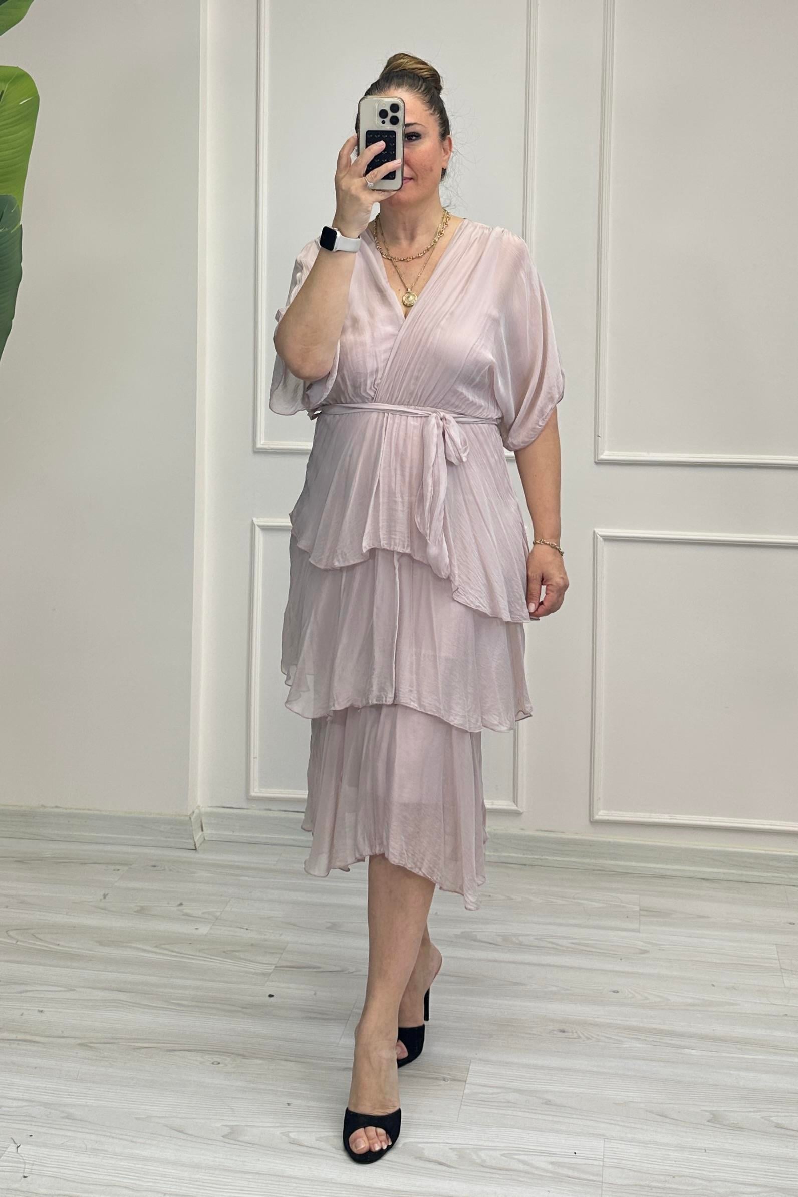 Nadia Kruvaze Yaka İpek Elbise Pudra Pembe