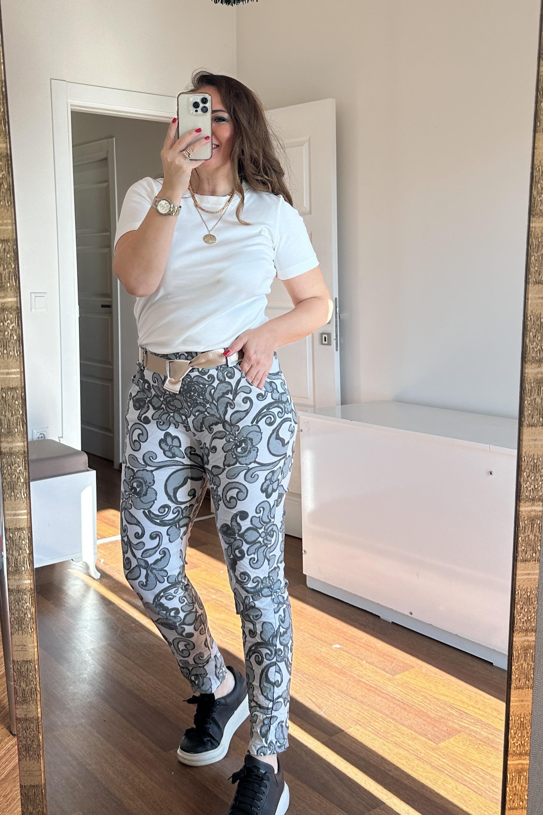 Full Likralı Desenli İtalyan Pantalon Açık Gri