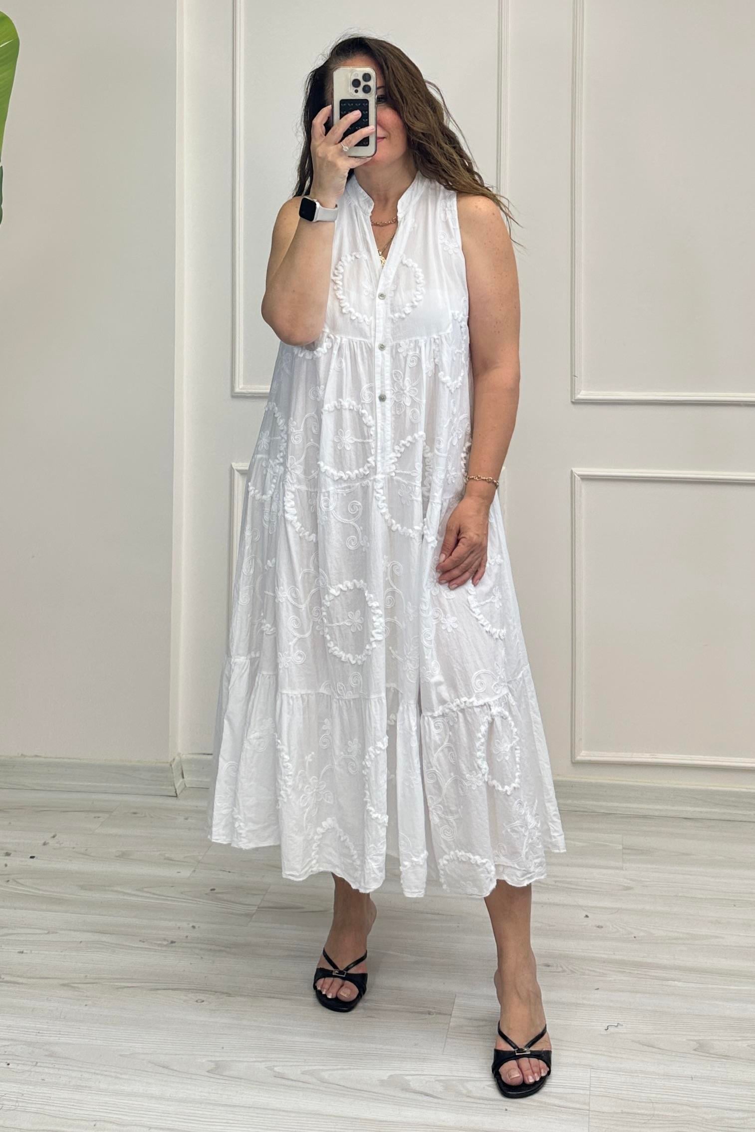 Violet Nakışlı Elbise Beyaz