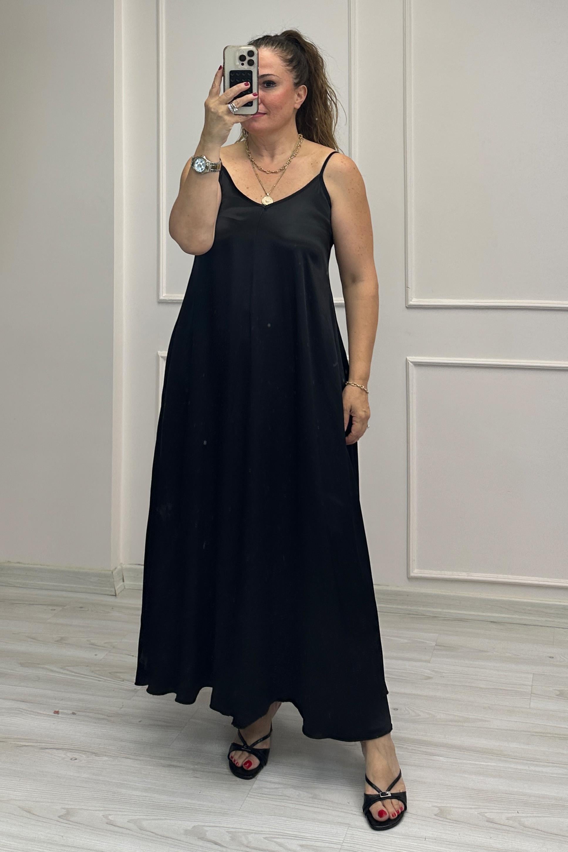 İrina Askılı Saten Elbise Siyah