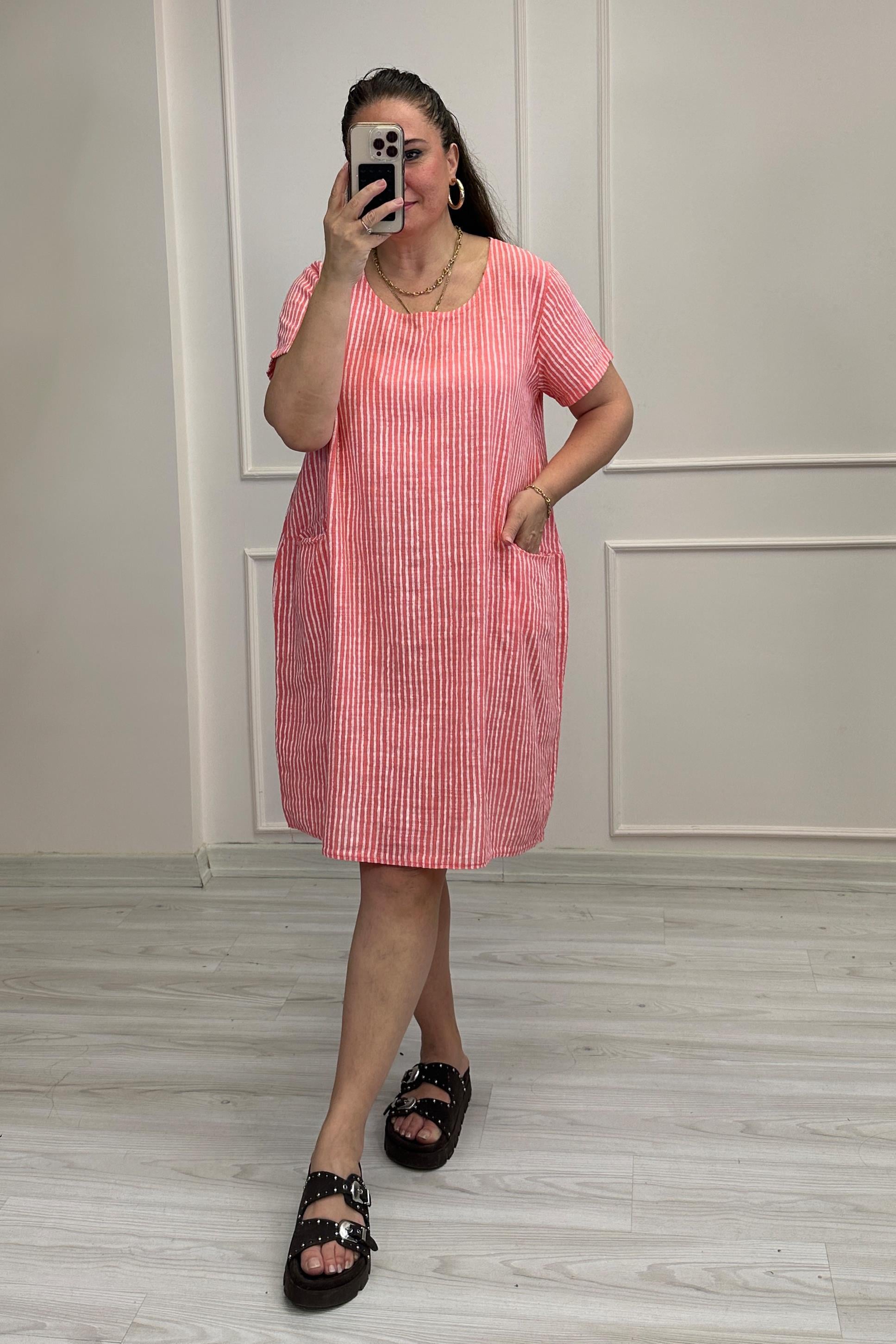 Rebekka Çizgili Keten Elbise Pembe