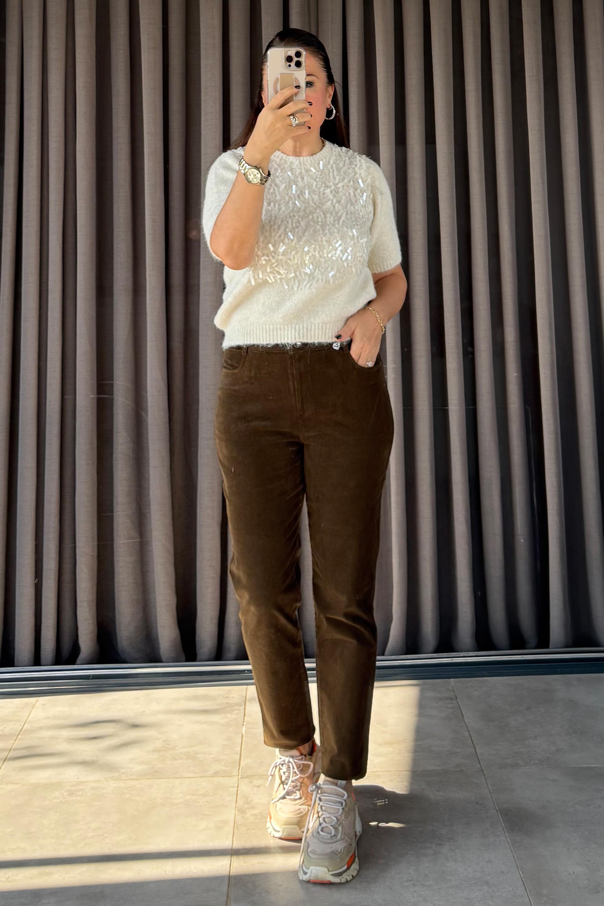 Velvet Kadife Pantolon Yağ Yeşili