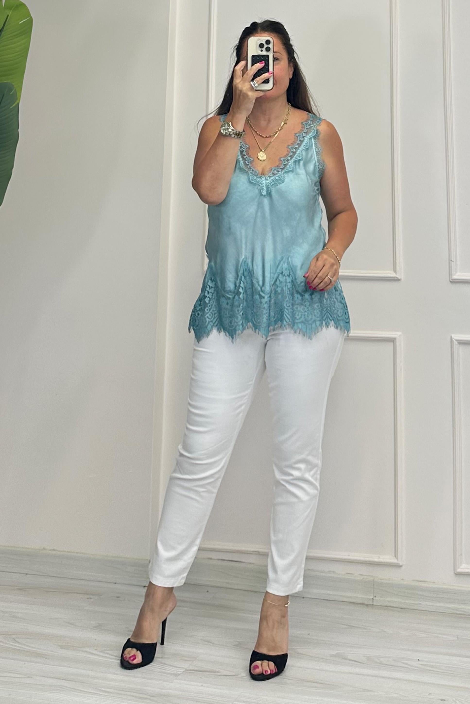 Bustino Askılı Saten Bluz Su Yeşili