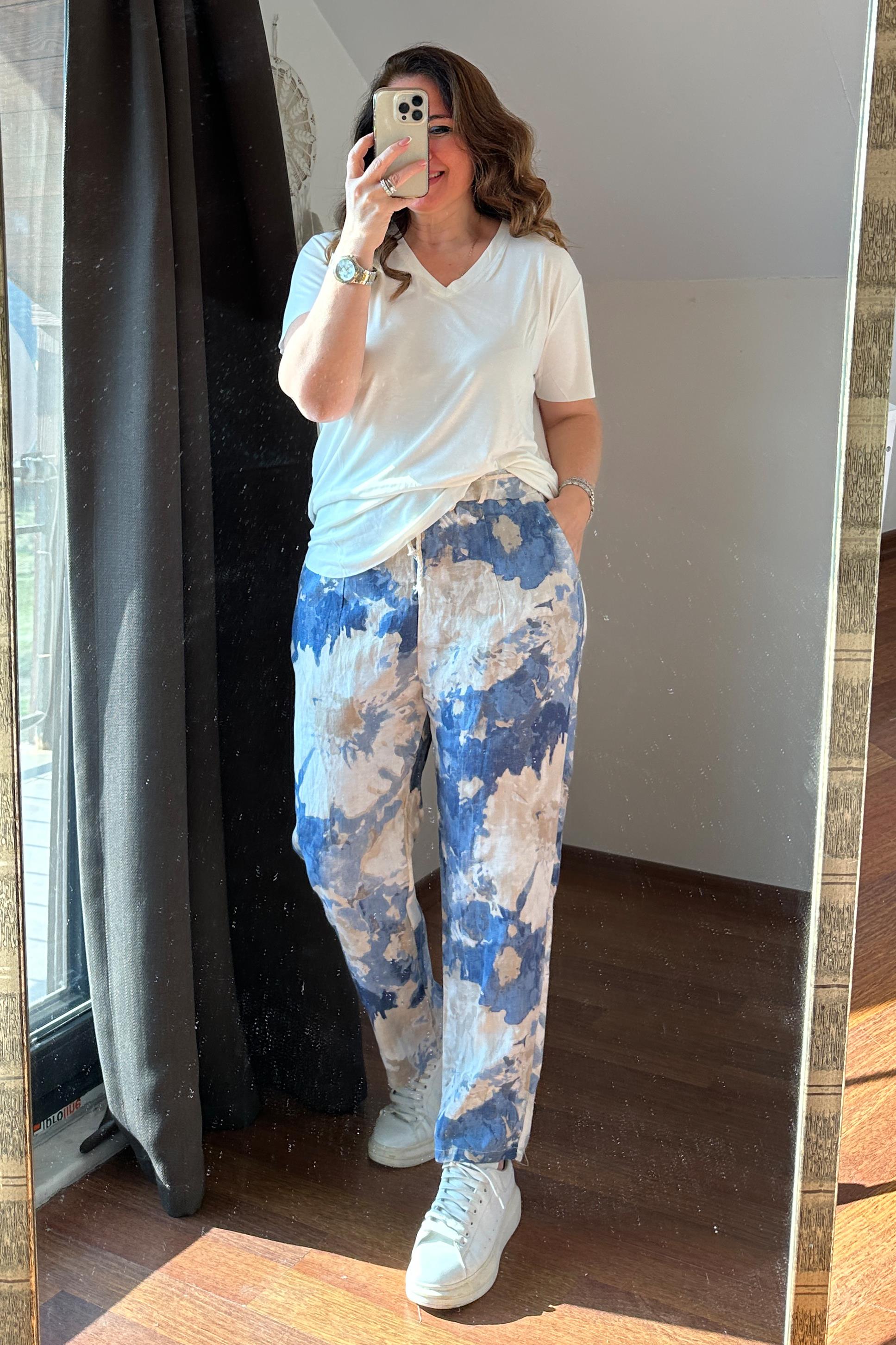 İthal Batik Desen Keten Pantolon Bej