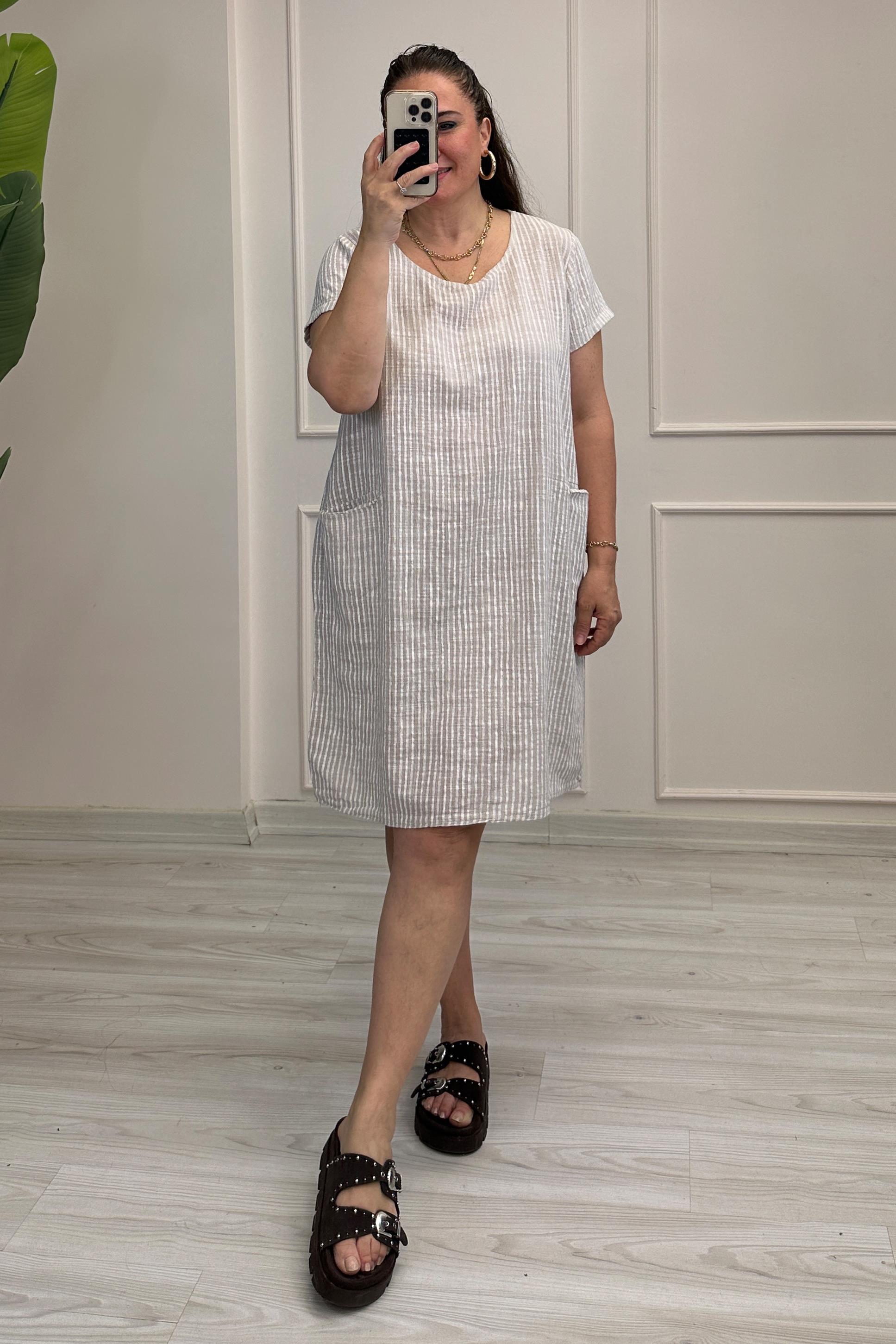 Rebekka Çizgili Keten Elbise Bej