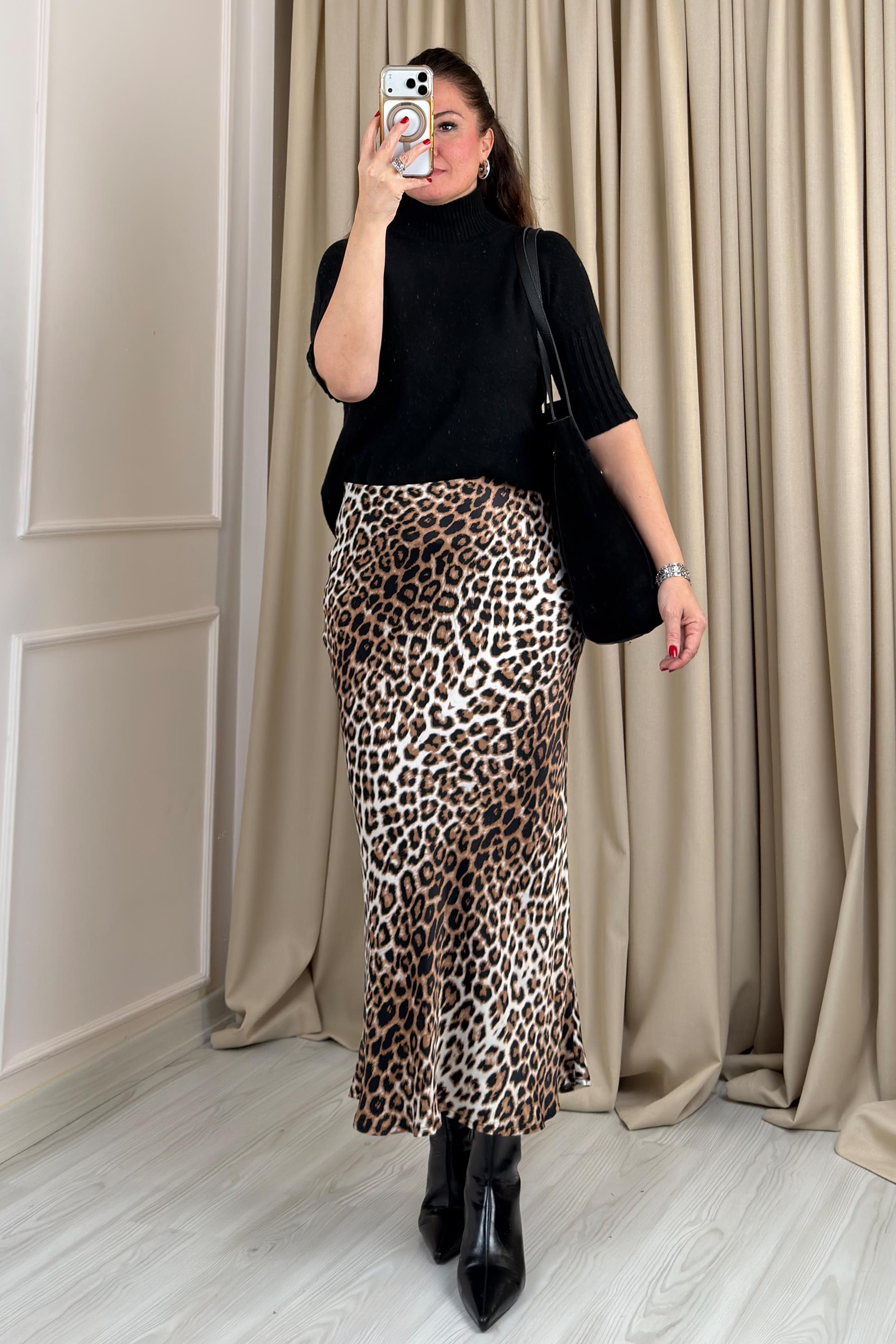 Sahara Saten Leopar Desenli Etek Kahve
