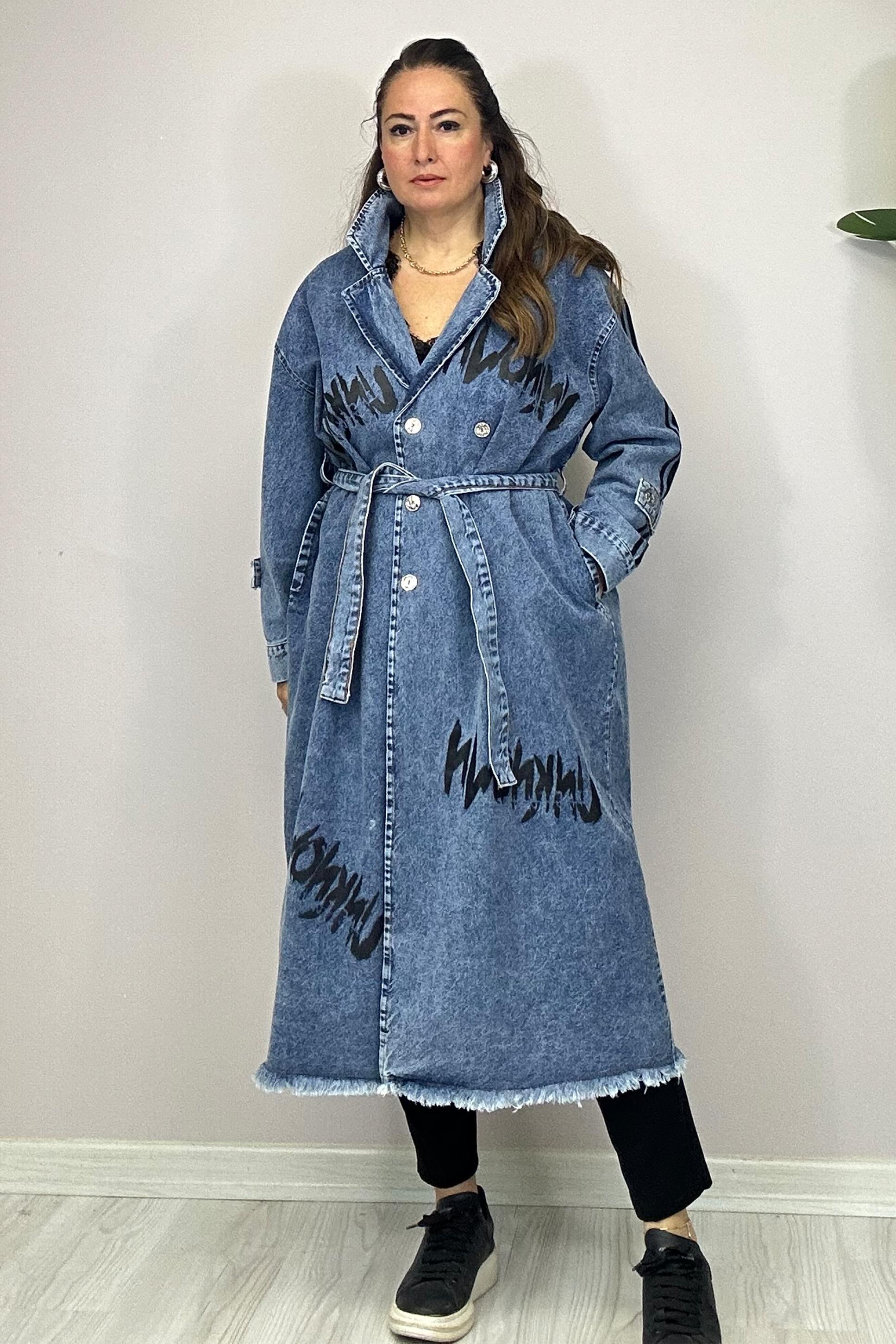 See Baskı Detaylı Trençkot Mavi