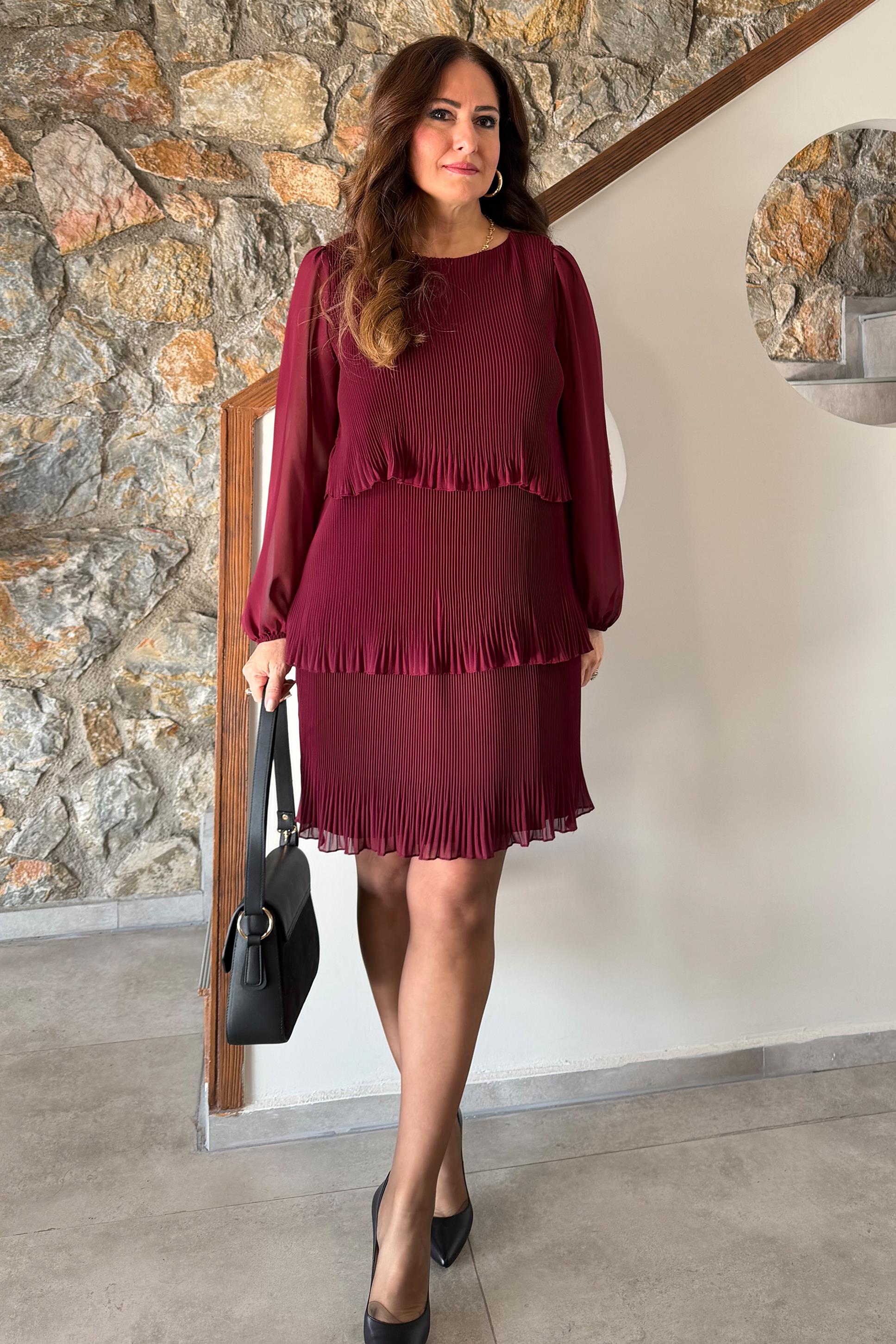Elda Piliseli Elbise Bordo