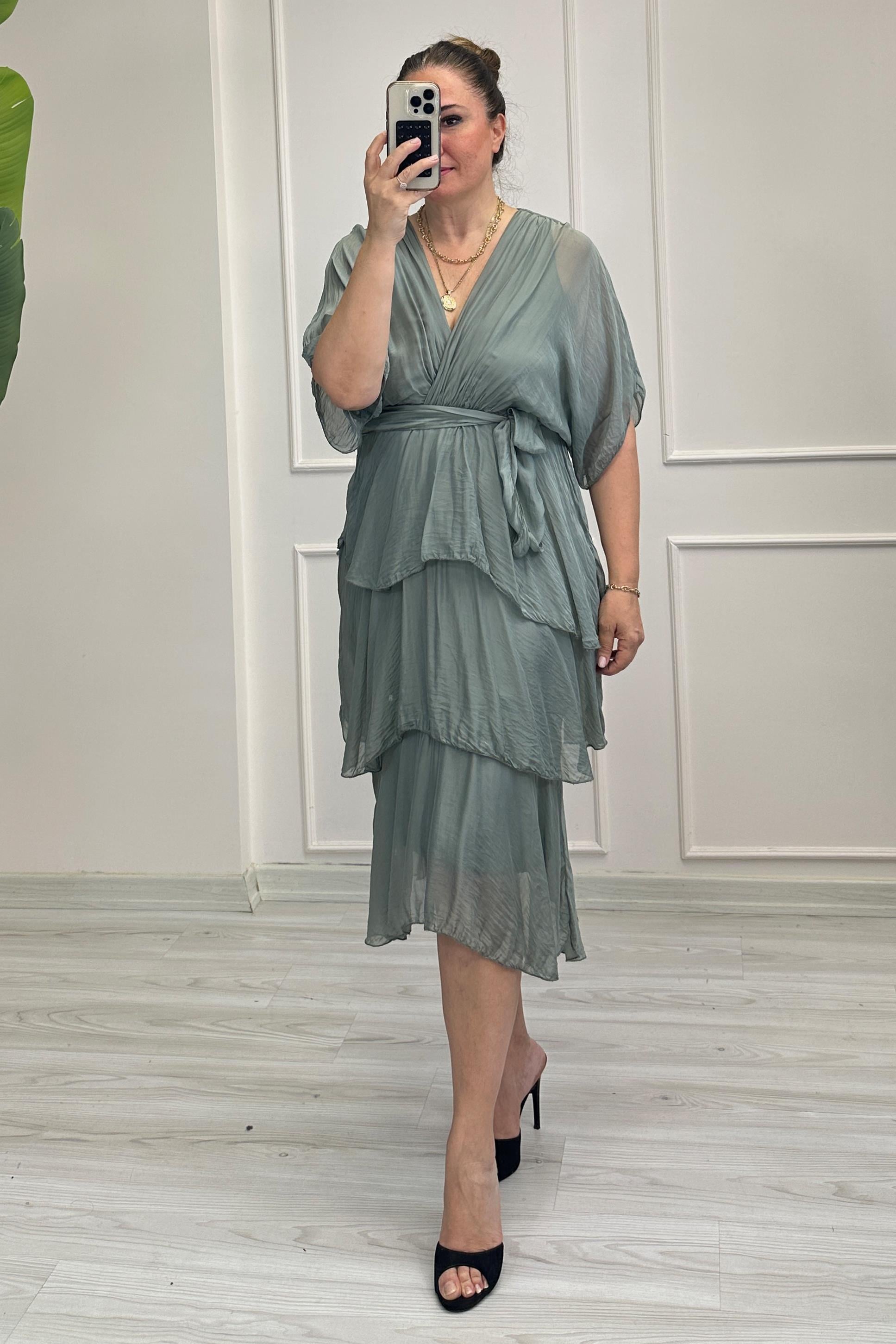 Nadia Kruvaze Yaka İpek Elbise Yeşil