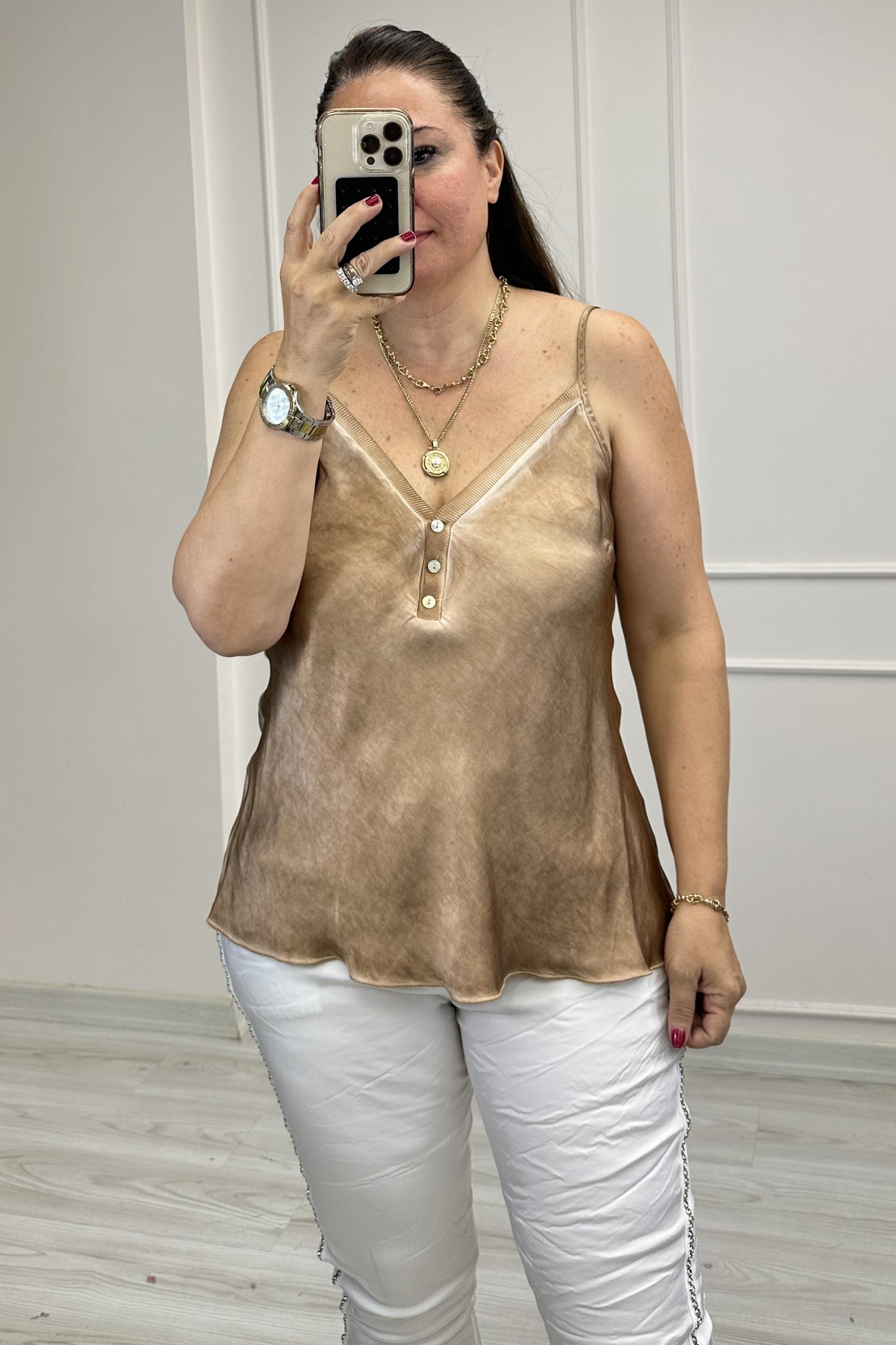 Marry Düğmeli Saten Bluz Kahve