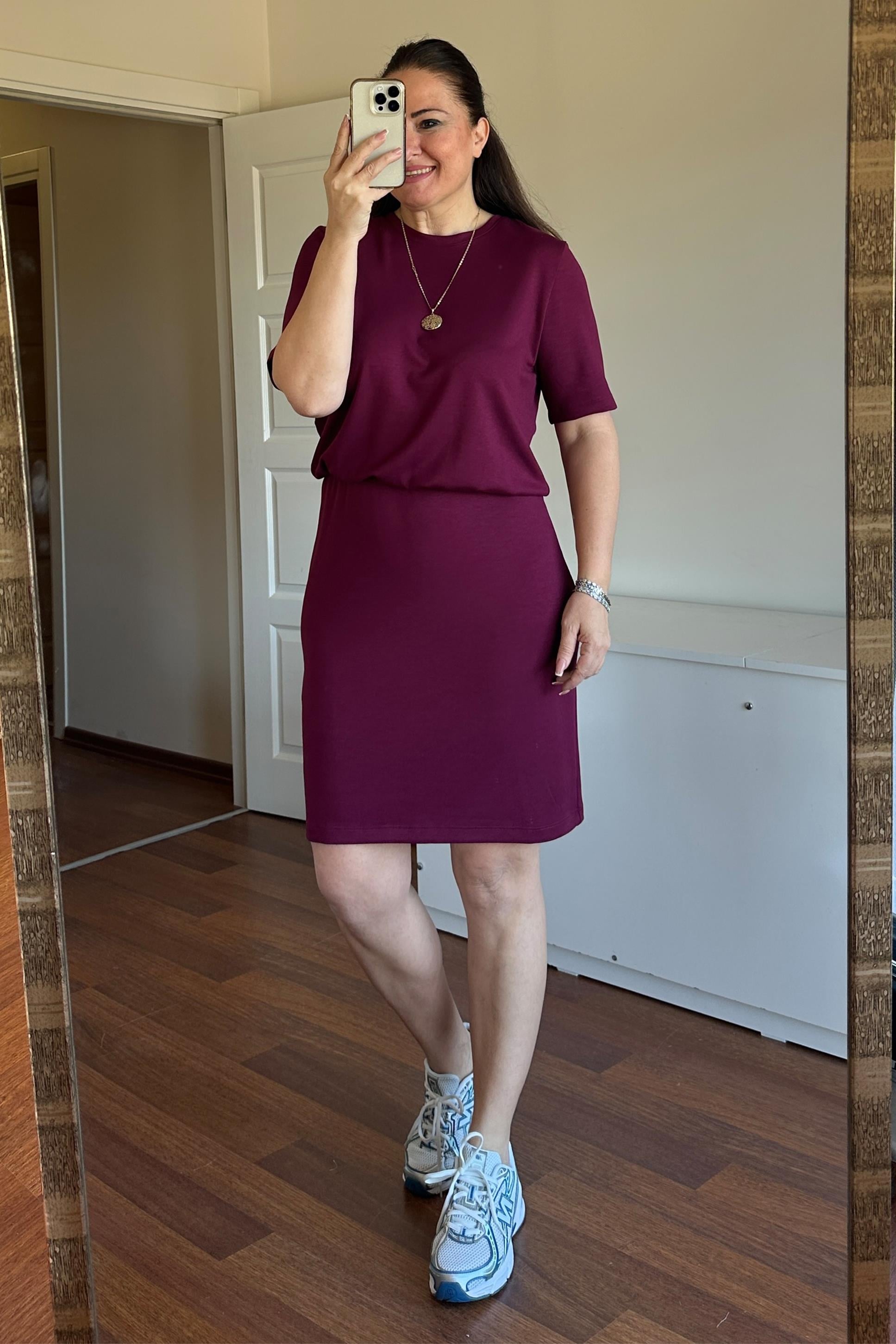 Bel Lastikli Elbise Bordo
