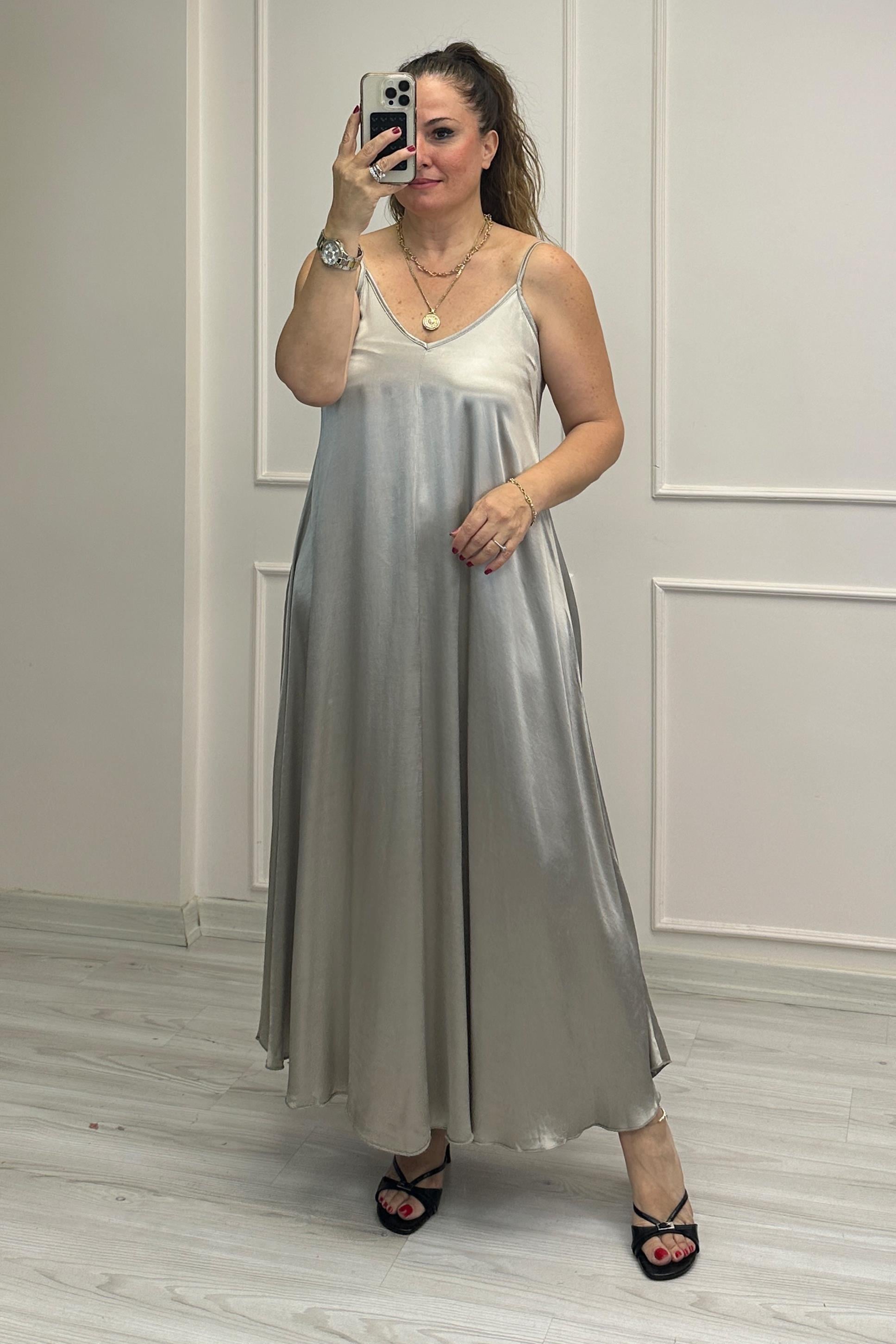 İrina Askılı Saten Elbise Gri