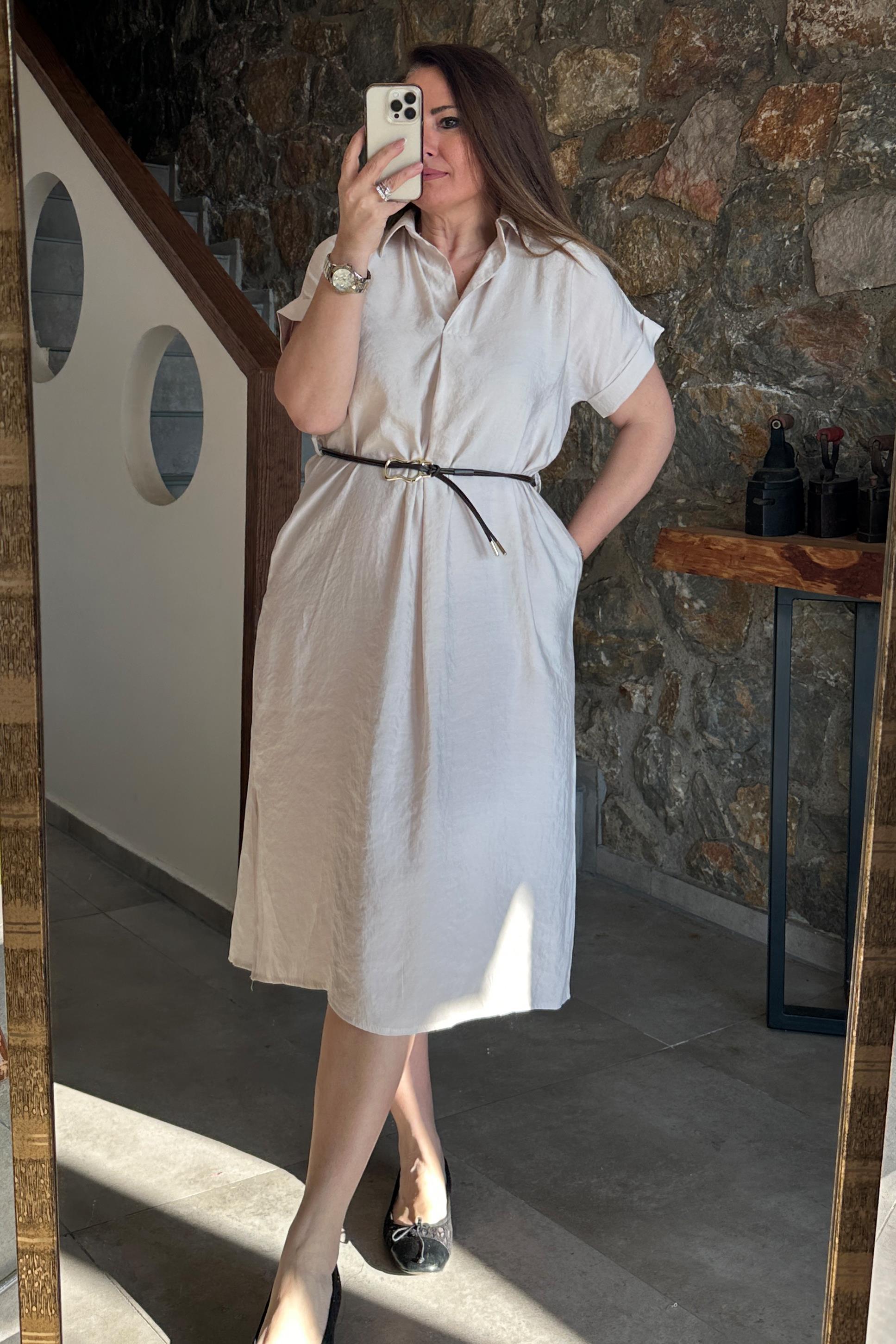 Orjinal Marka Kemerli Elbise Bej