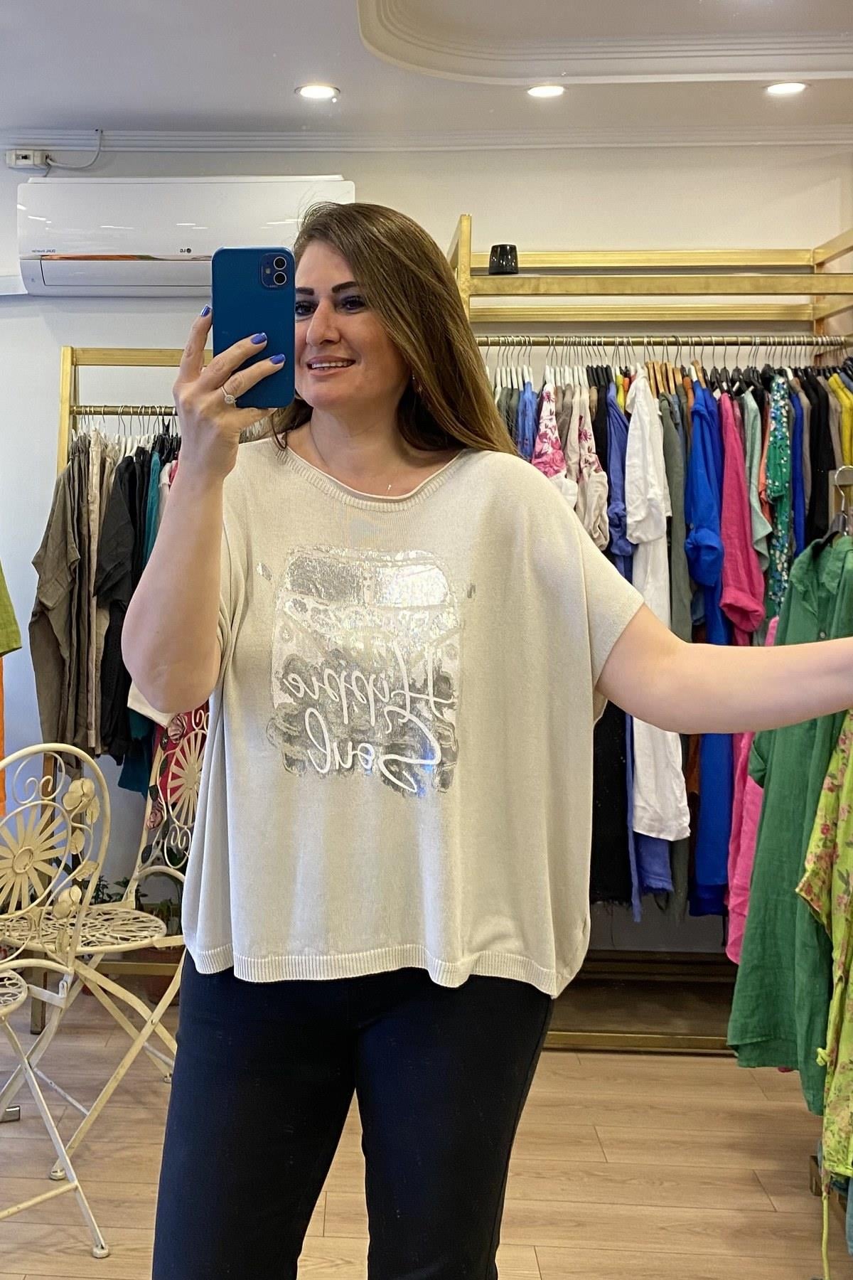 Araba Desenli Triko Bluz Bej