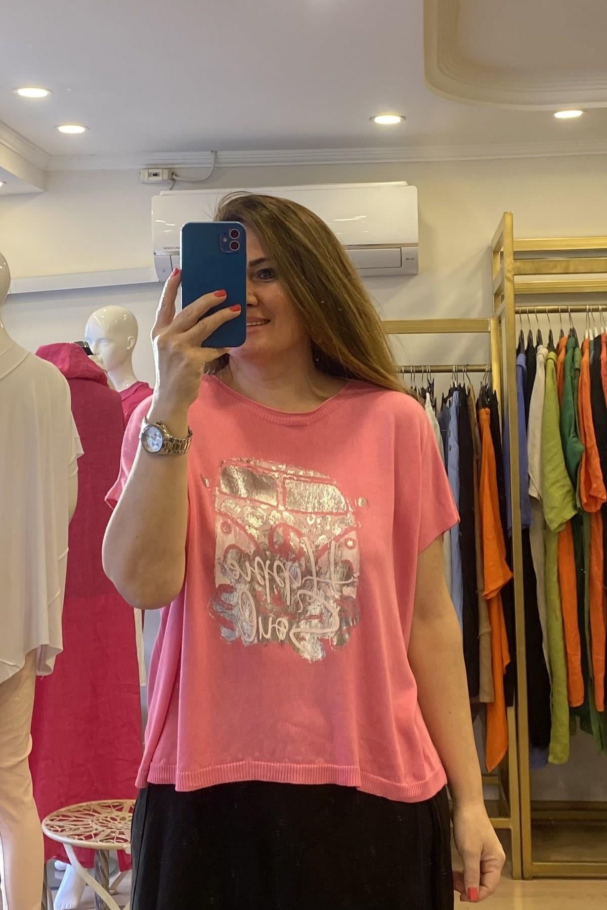 Araba Desenli Triko Bluz Pembe