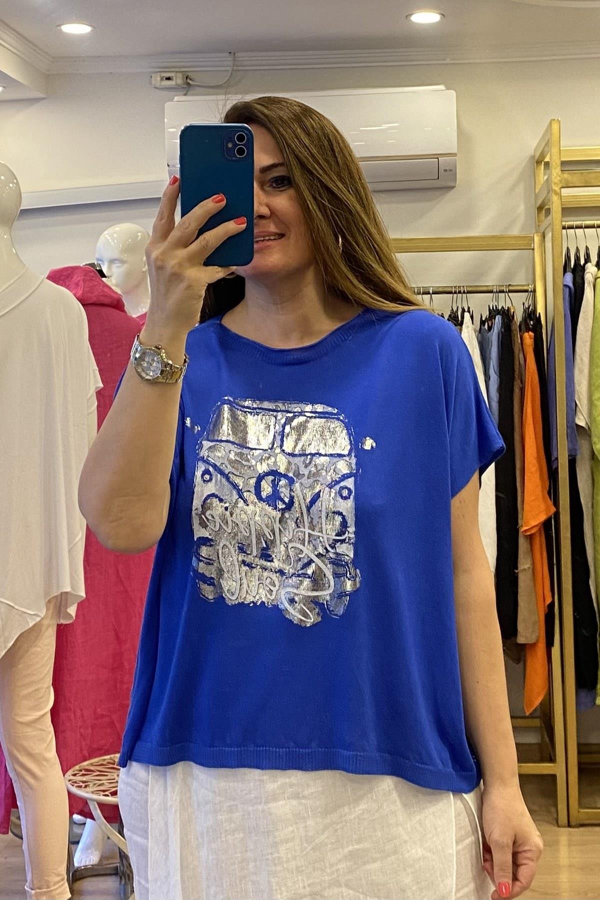Araba Desenli Triko Bluz Sax Mavi
