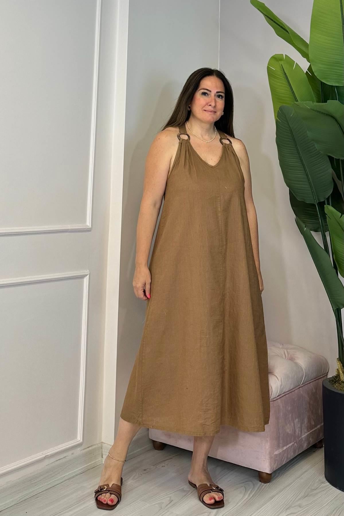 Askı Halka Detaylı Askılı İthal Keten Elbise Kahverengi