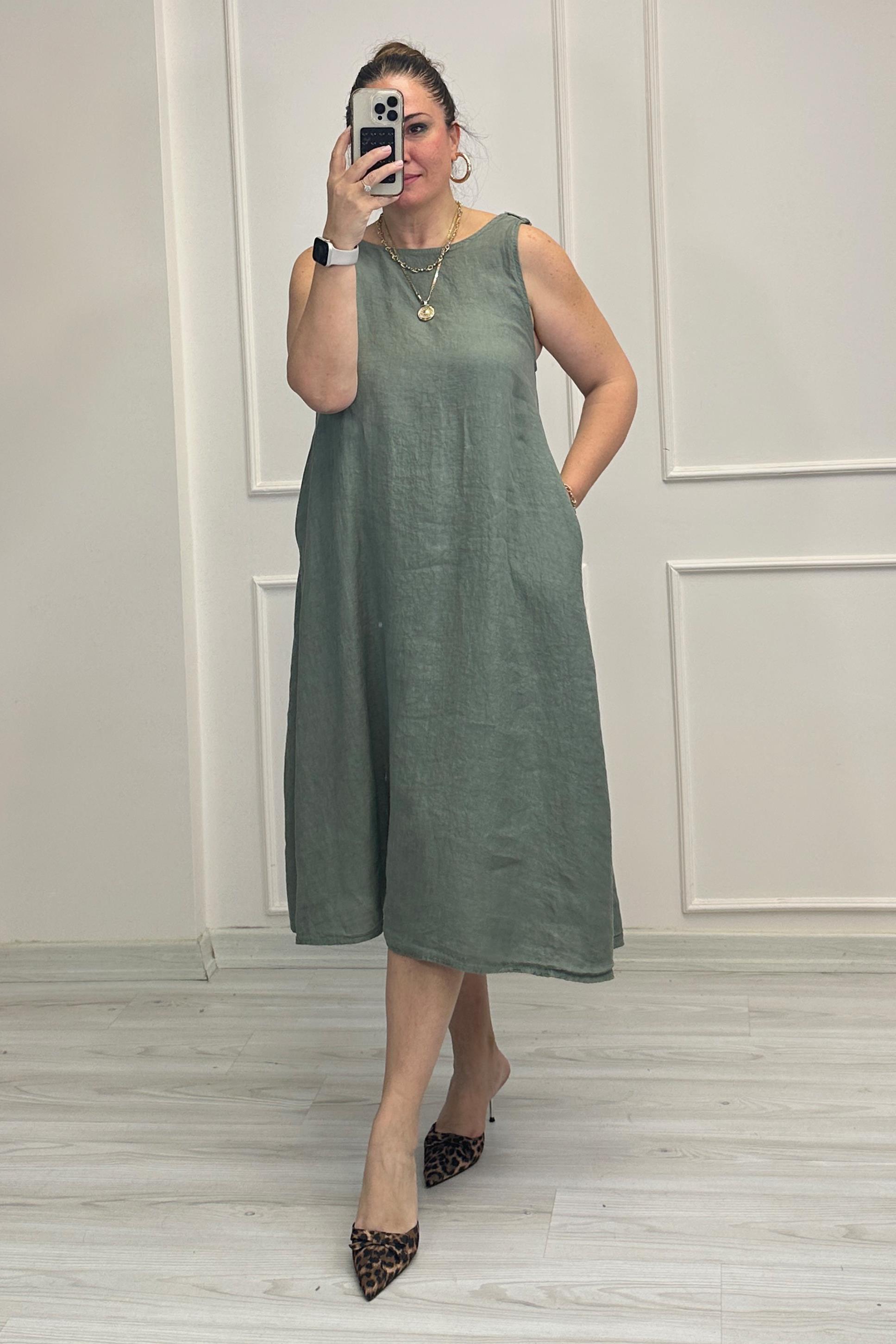 Frida Sırt Detaylı Keten Elbise Haki