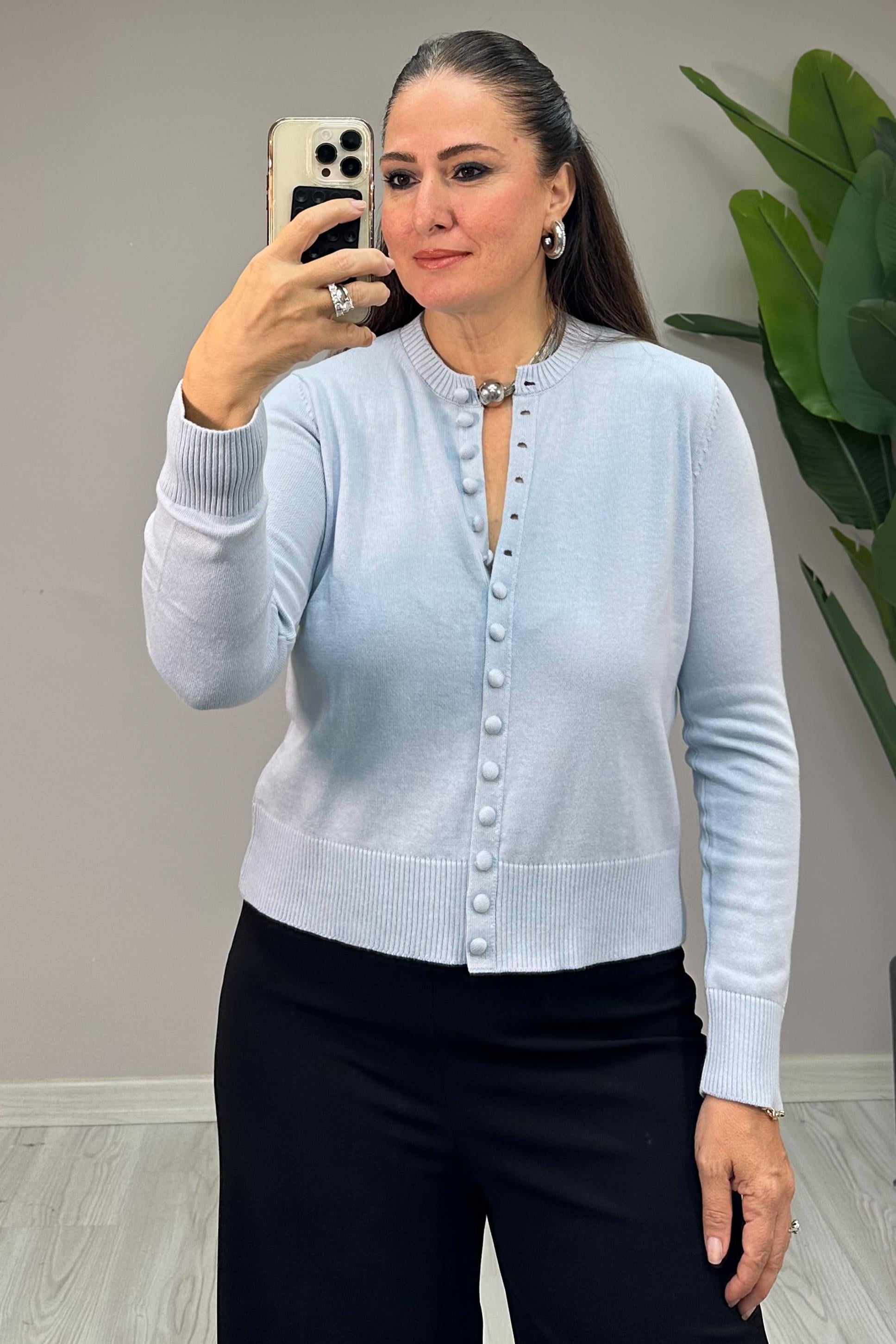 Pesta Düğmeli Triko Bluz Mavi