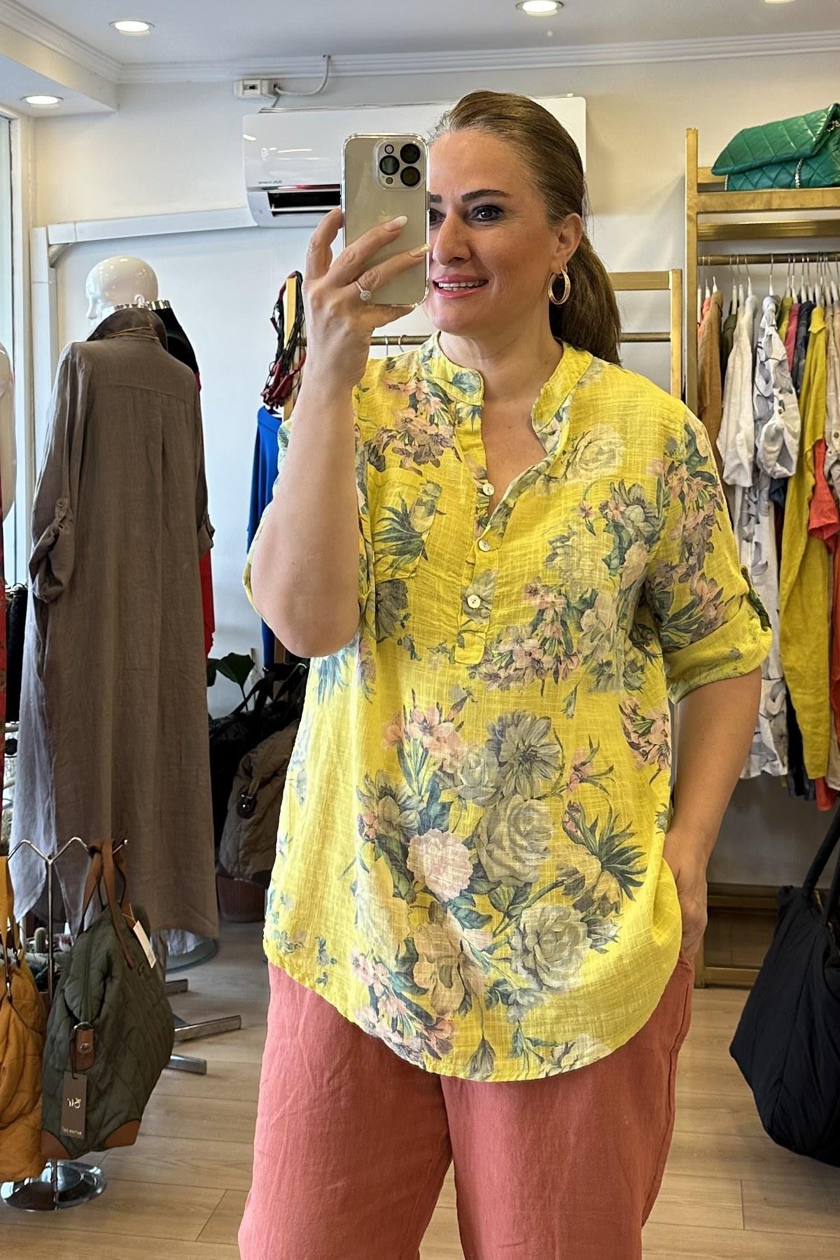 Bahar Çiçek Desenli Gömlek Sarı