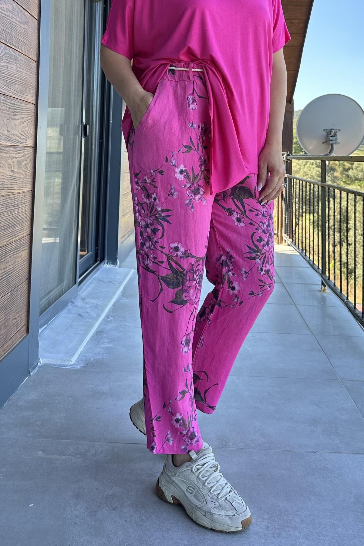 Bahar Çiçek Desenli Keten Pantolon Pembe